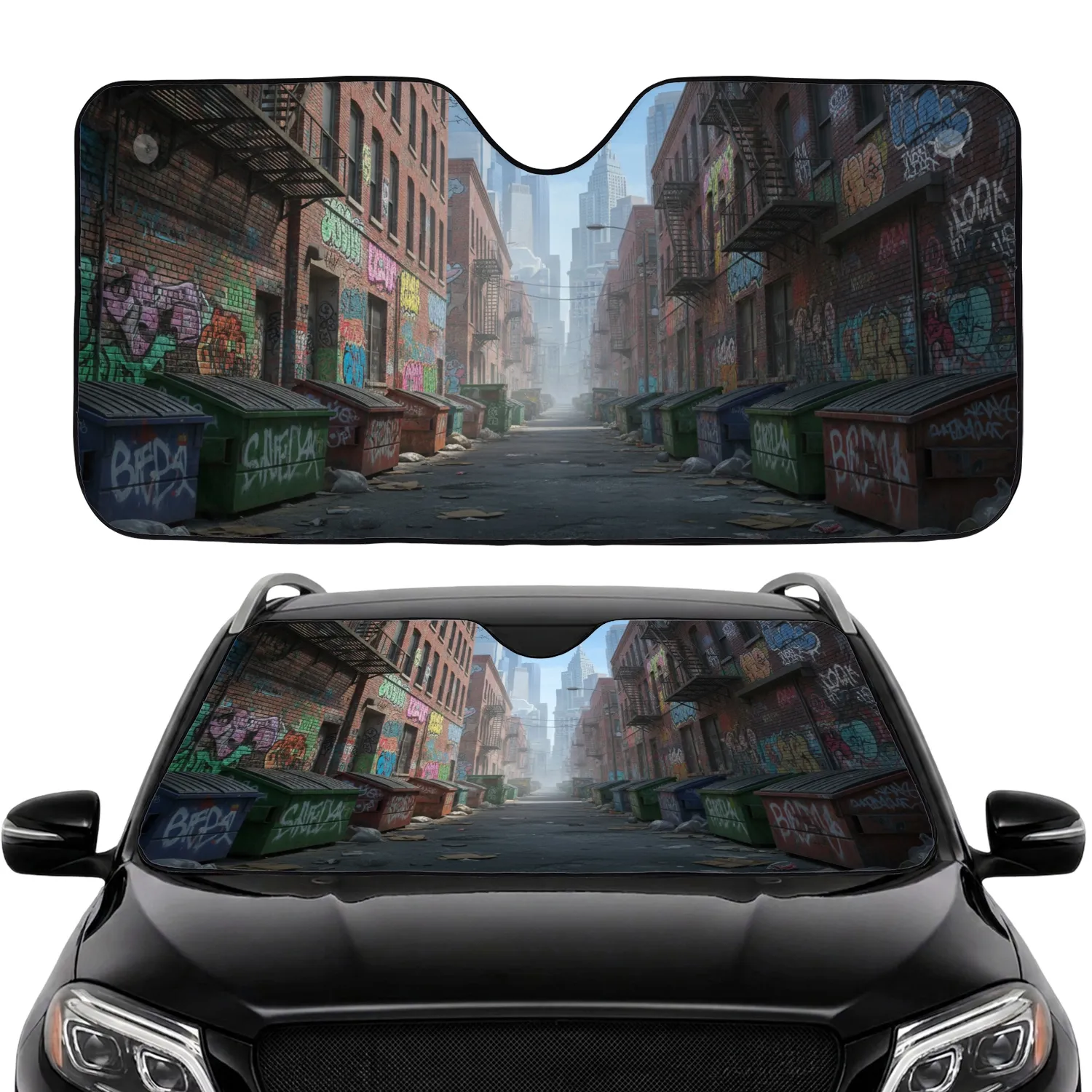 Urban Alley Graffiti Murals Brick Buildings Dumpsters Cityscape Car Interior Upgrade Car Sunshade - 1