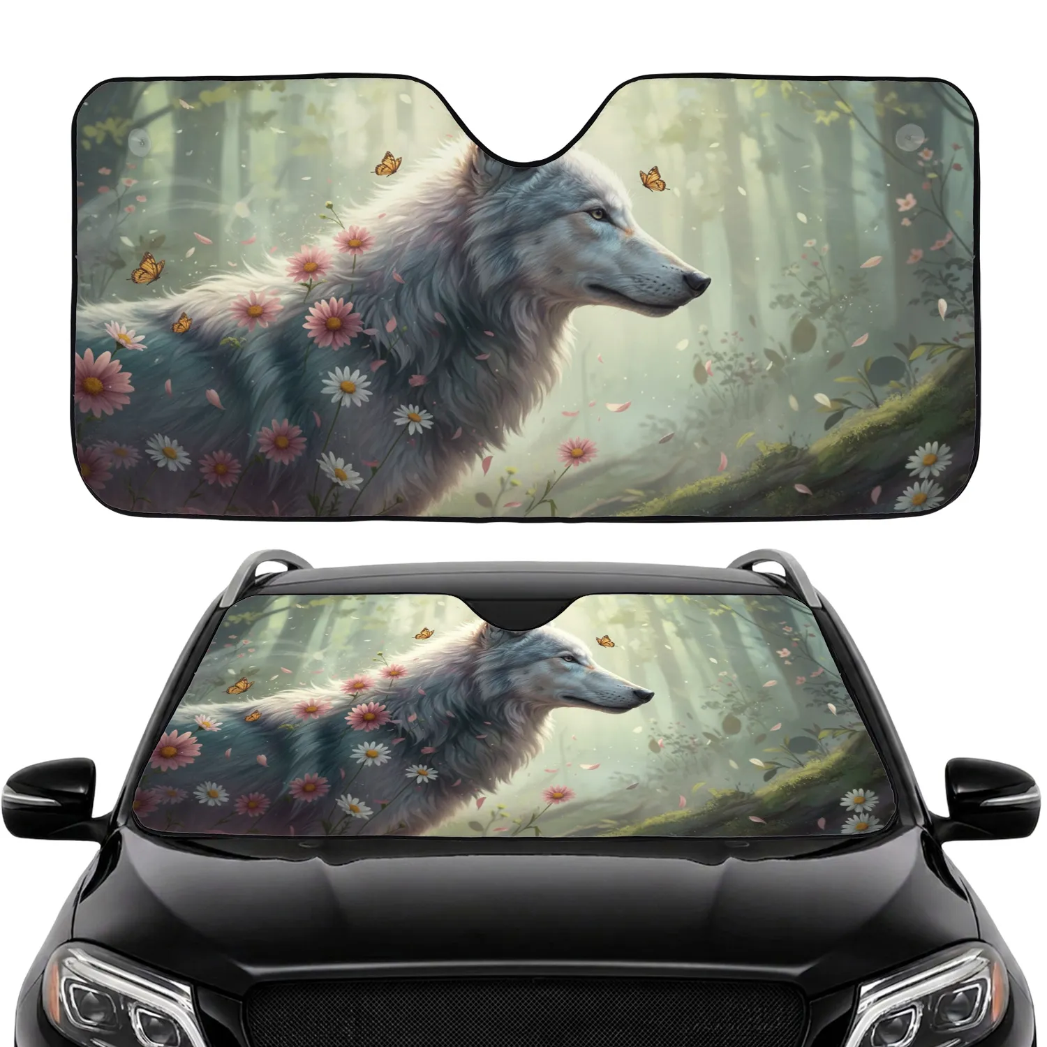 Majestic Wolf with Daisies Butterflies - Car Interior Upgrade for Wildlife Lovers Car Sunshade - 1