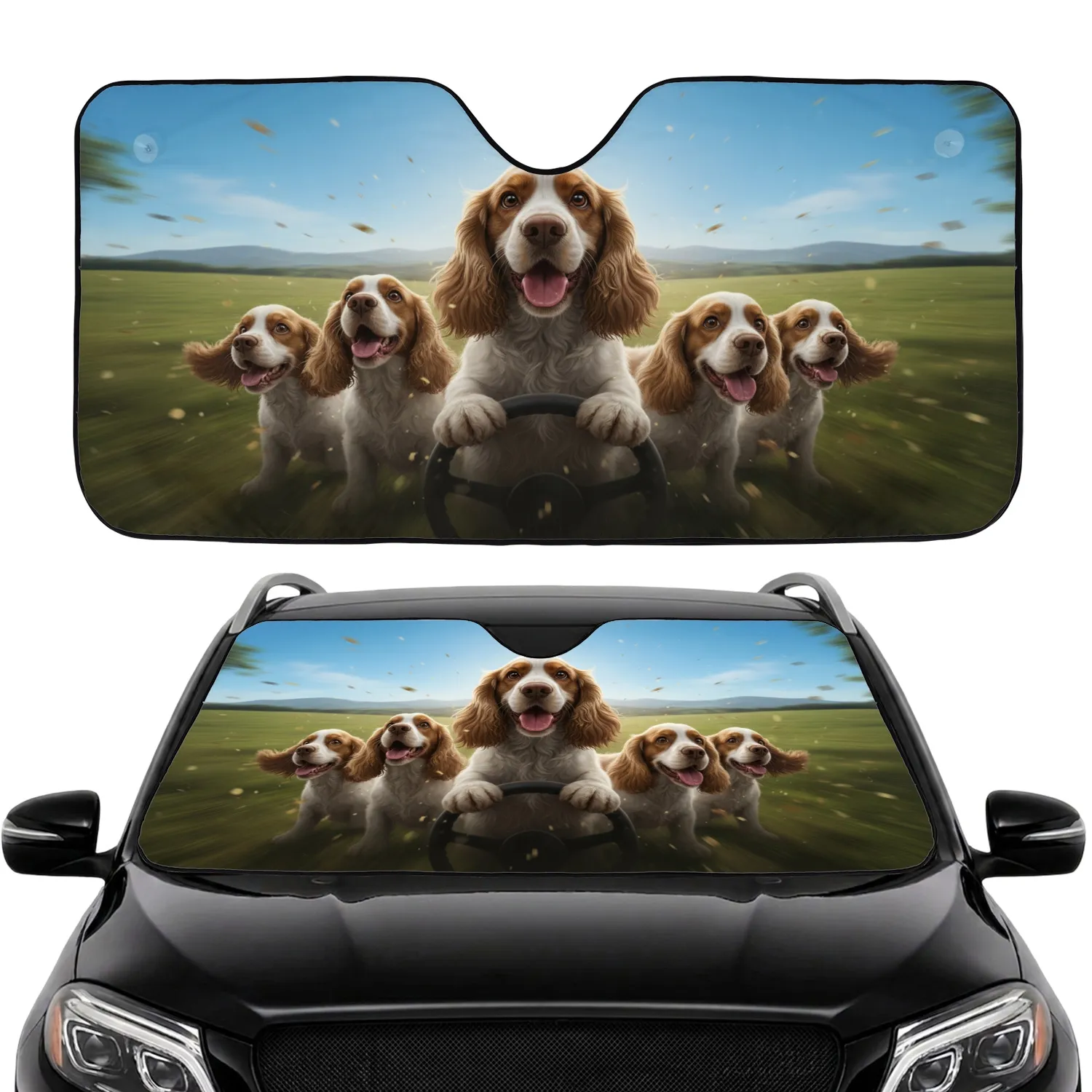 Cocker Spaniel Dogs Steering Wheel - Road Trip Gift for Dog Lover Car Sunshade - 1