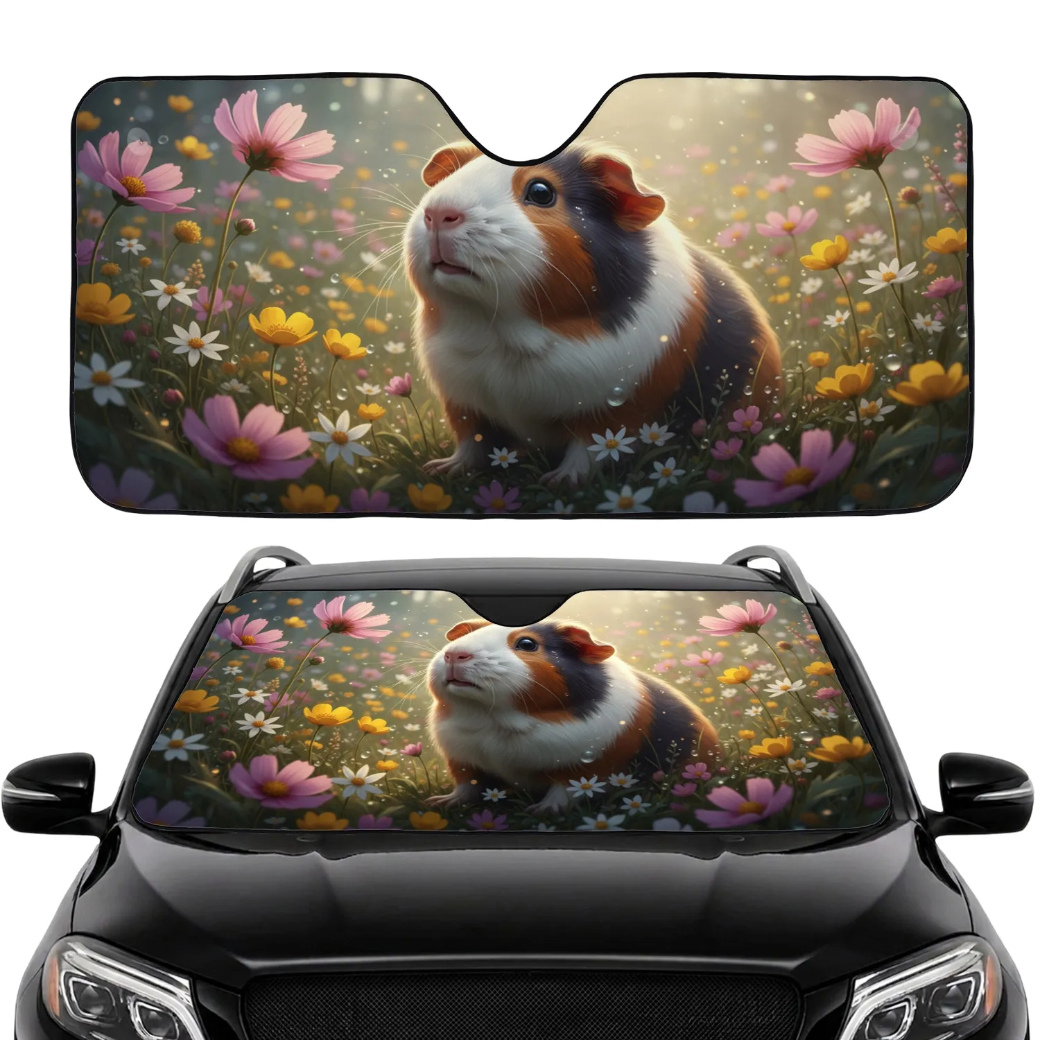 Guinea Pig Pink Cosmos Wildflower Meadow - Road Trip Gift for Guinea Pig Lover Car Sunshade - 1
