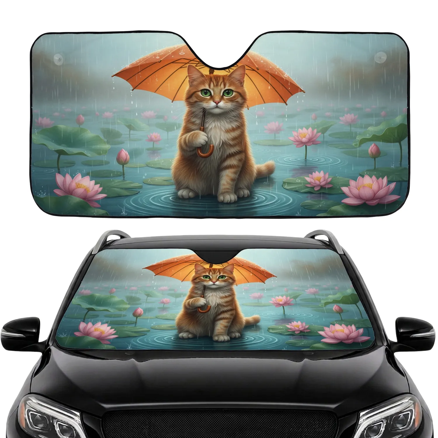 Tabby Cat Orange Umbrella Pink Lotus Lily Pad Serene Water - Road Trip Gift for Cat Lover Car Sunshade - 1