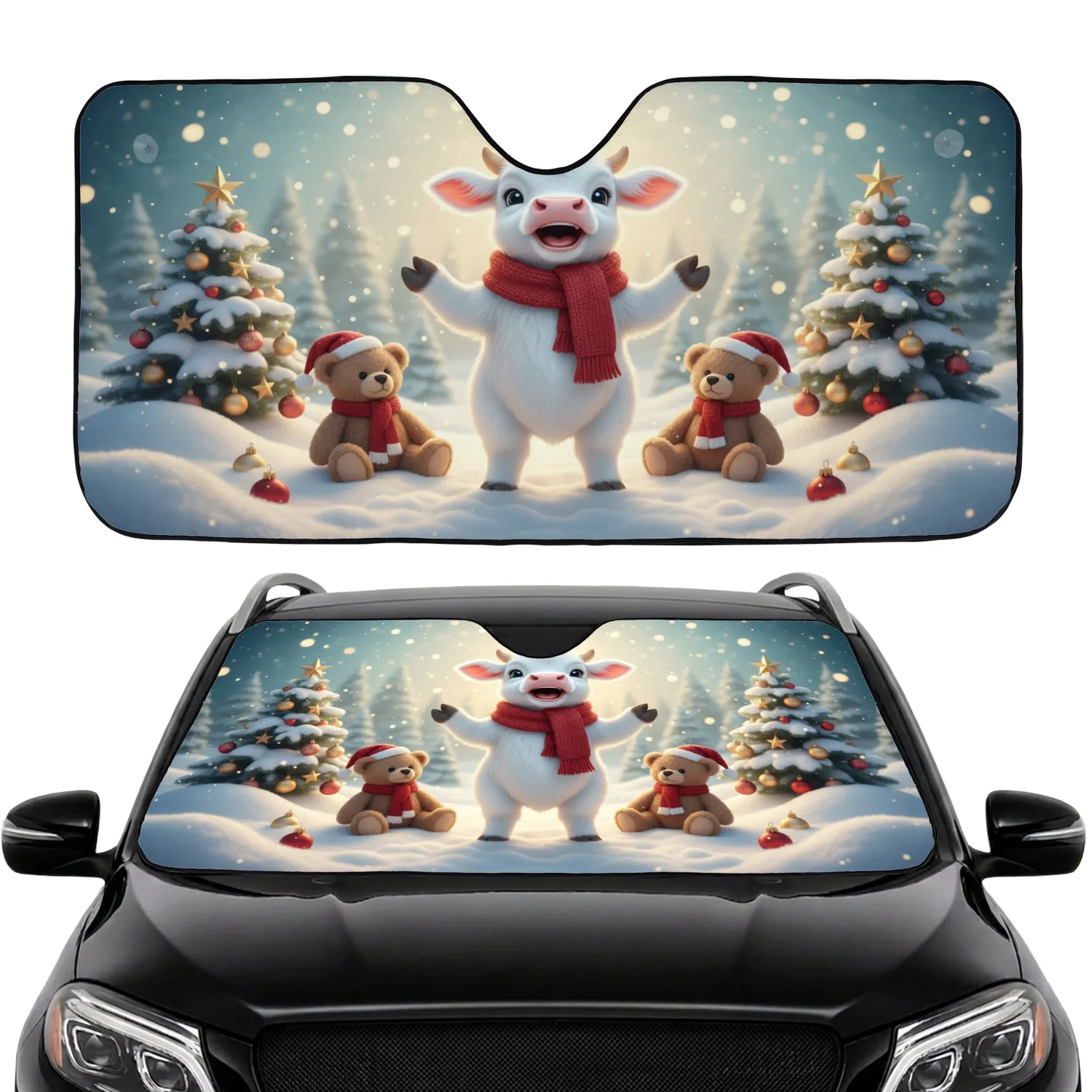 Baby Calf Teddy Bears Snowy Field Christmas - Road Trip Winter Car Upgrade Car Sunshade - 1
