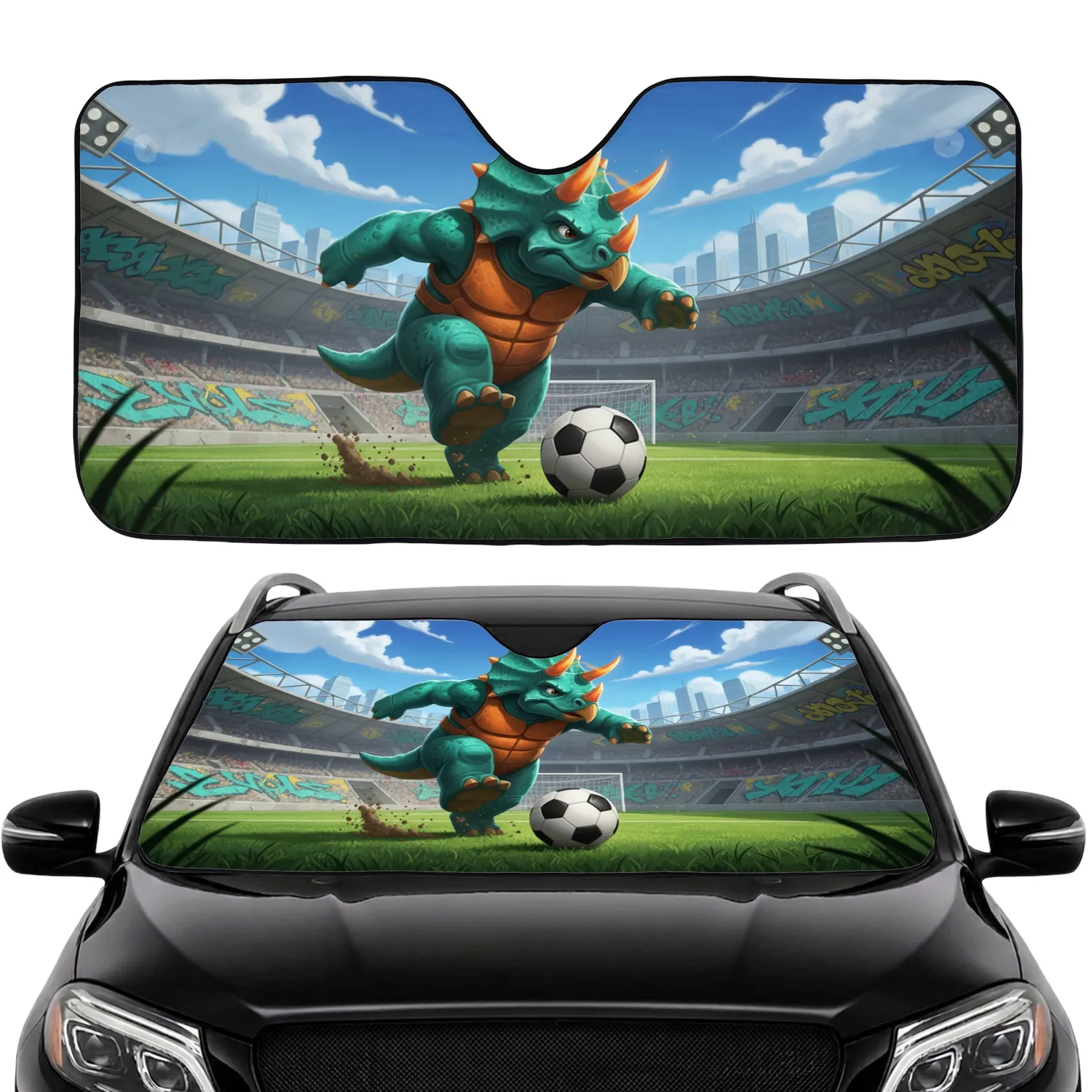 Teal Triceratops Dinosaur Soccer Ball Kicker Urban Graffiti - Car Interior Upgrade Car Sunshade - 1