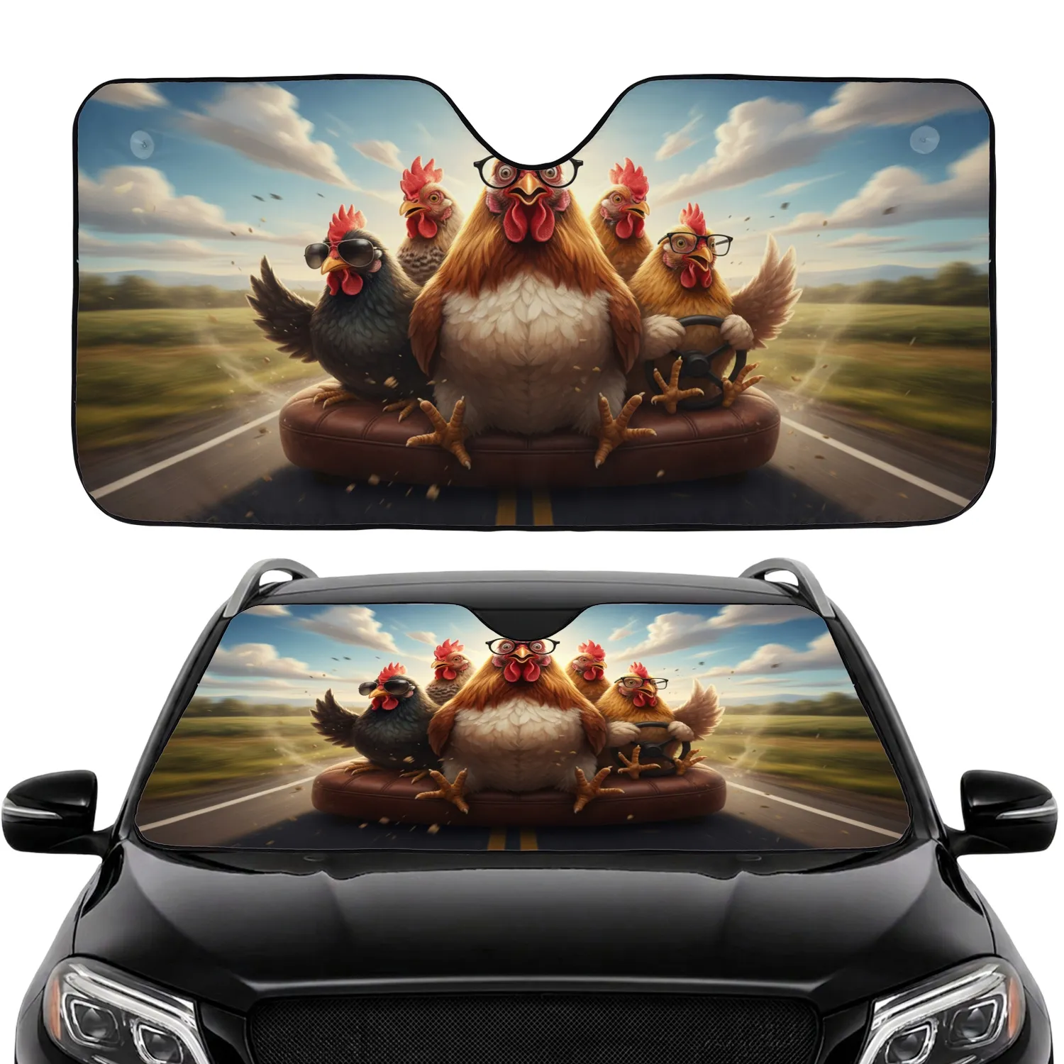 Chickens with Glasses Driving Journey - Fun Travel Essentials for Chicken Lovers Car Sunshade - 1