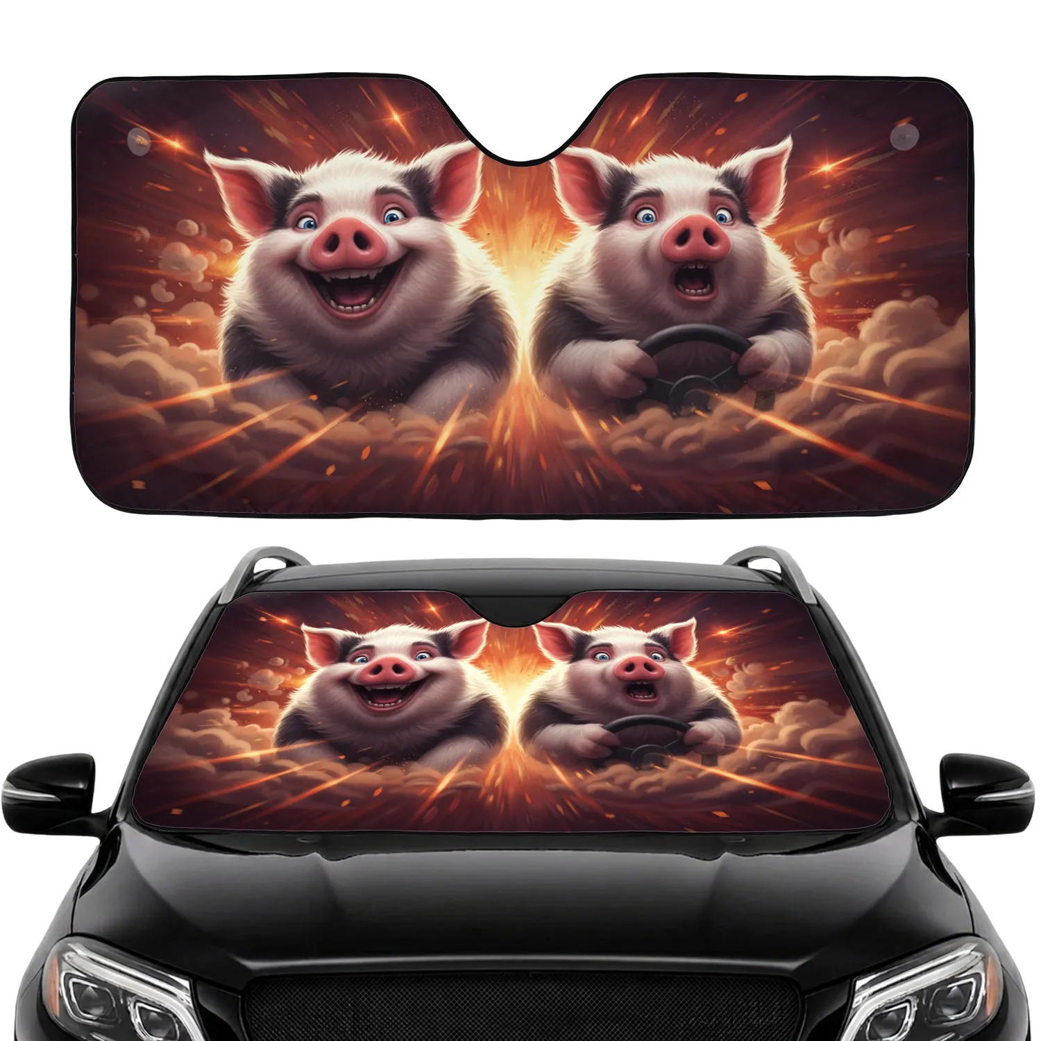 Speed Racing Pigs Steering Wheel - Road Trip Fun Gift for Automotive Enthusiasts Car Sunshade - 1