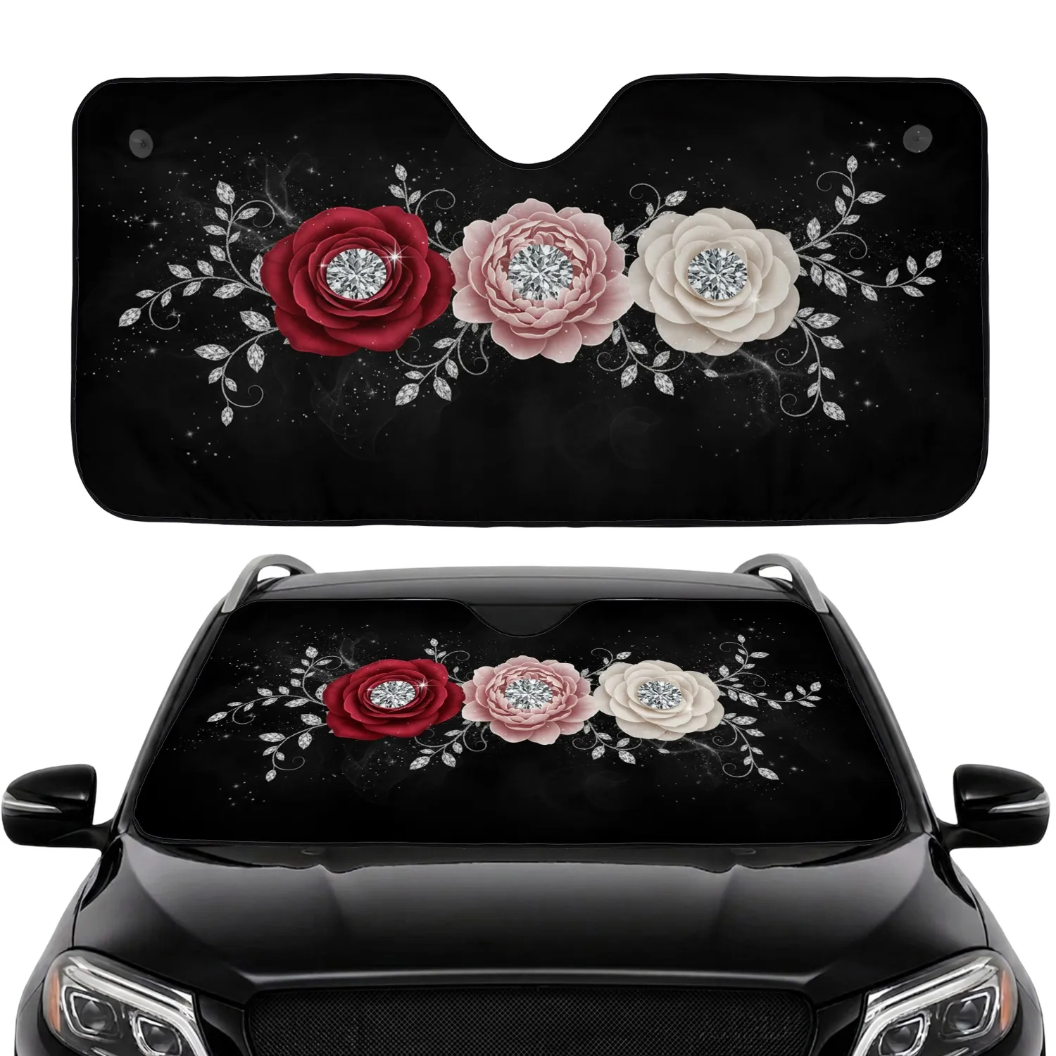 Diamonds Rose Peony Camellia Flowers - Car Decor Gift Car Sunshade - 1
