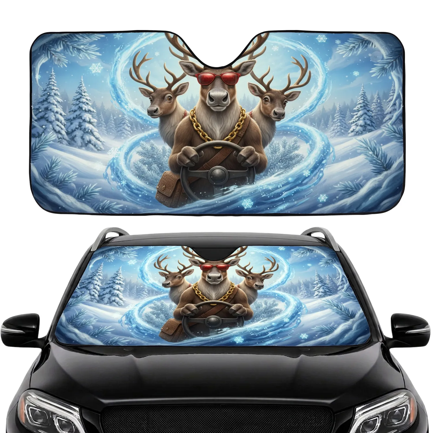 Reindeer Driver Sunglasses Satchel Snowy Pines Winter Wonderland - Wildlife Lover Gift Car Sunshade - 1