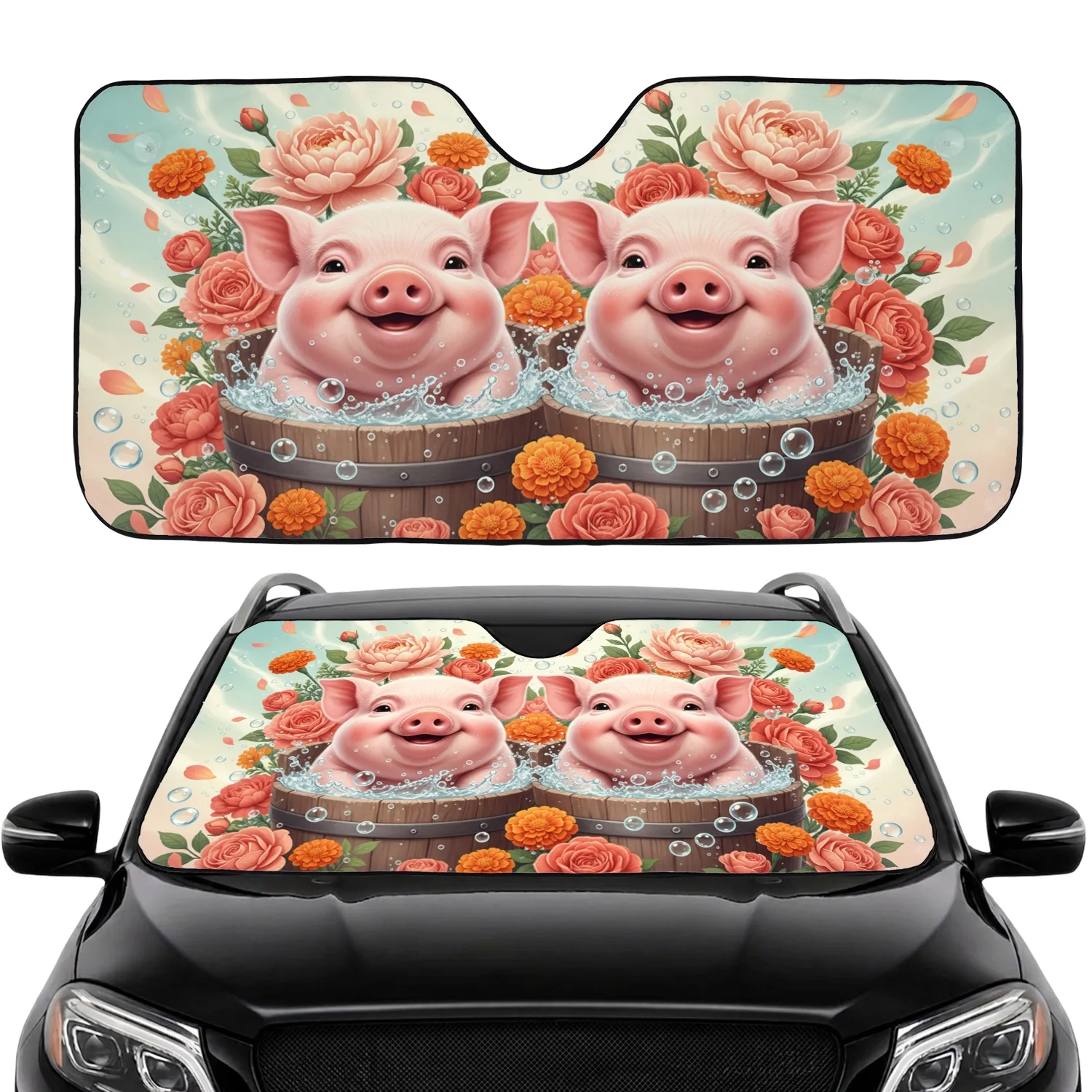 Plump Baby Pigs Wooden Buckets Garden Flowers - Farmhouse Decor Gift for Pig Lover Car Sunshade - 1