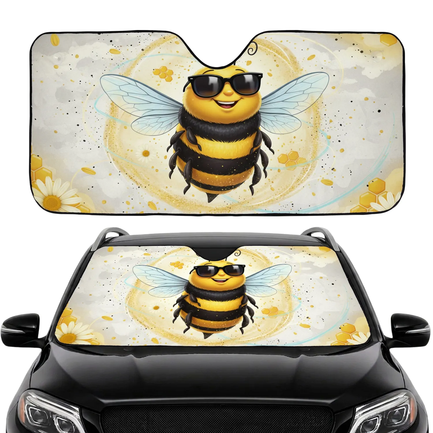 Chunky Smiling Cartoon Bee Sunglasses - Everyday Wildlife Gift for Bee Lovers Car Sunshade - 1