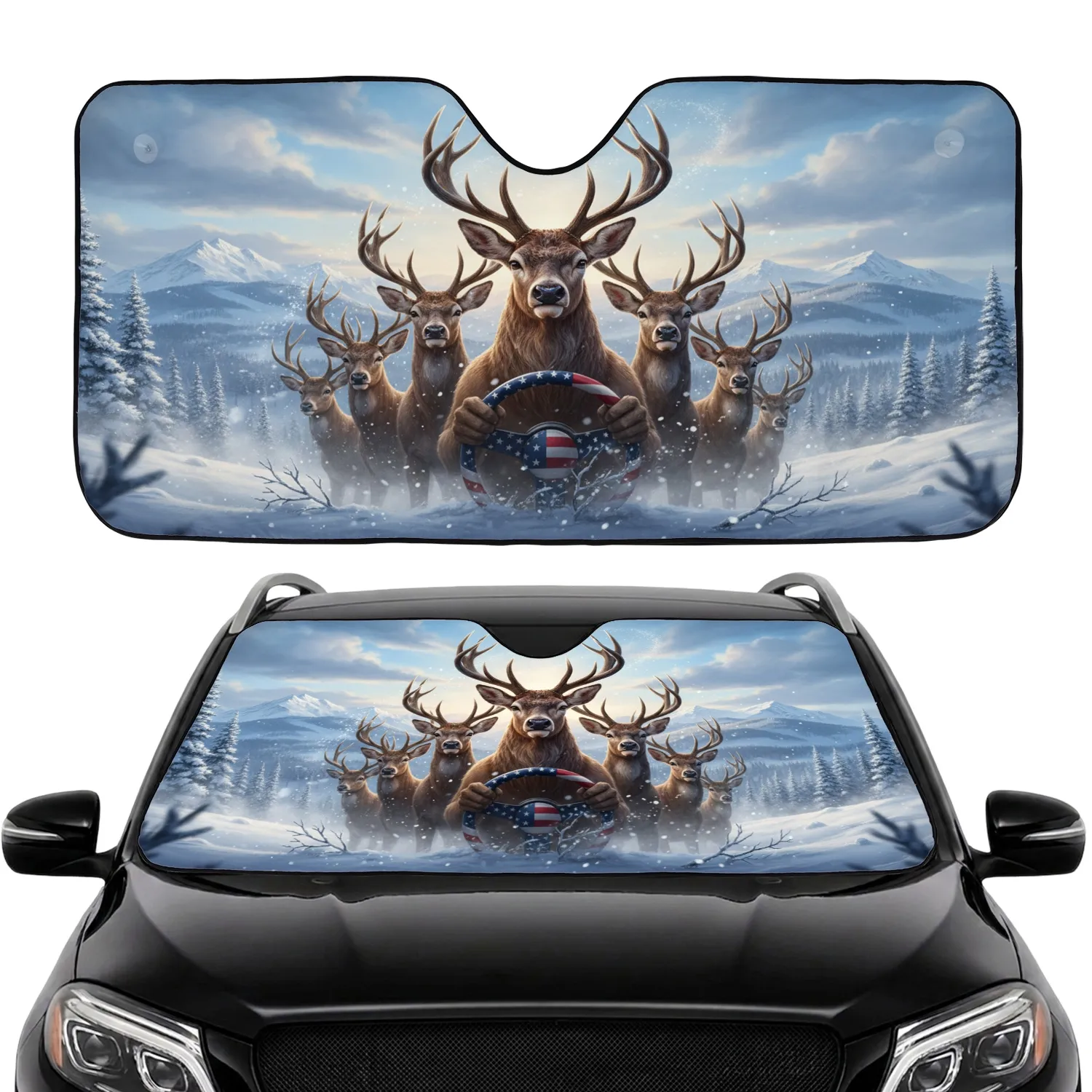 Stag Deer American Flag Steering Wheel Snowflakes Winter Mountain - Wildlife Lover Gift Car Sunshade - 1