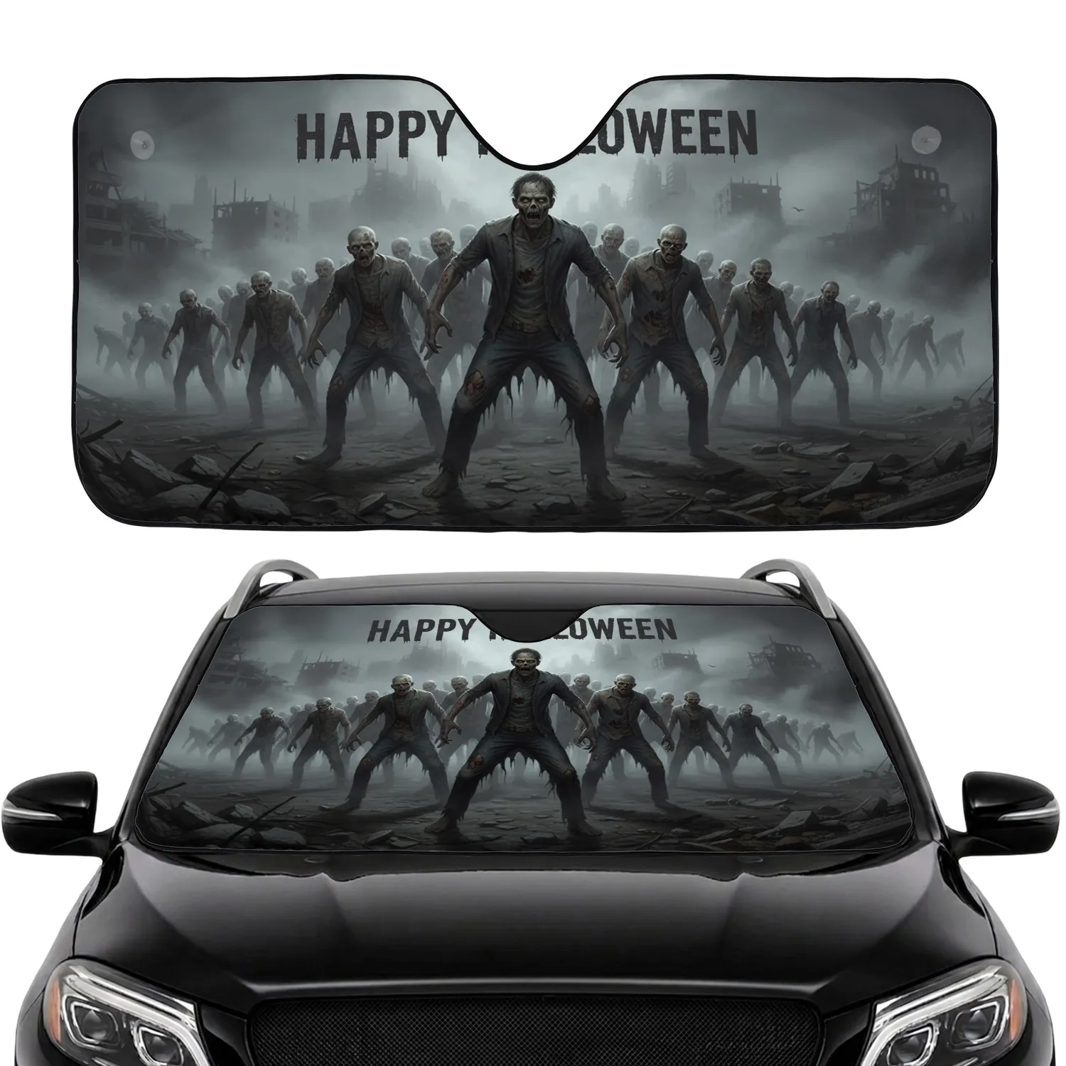 Decaying Zombie Horde Post-Apocalyptic Cityscape - Happy Halloween Holiday Car Sunshade - 1
