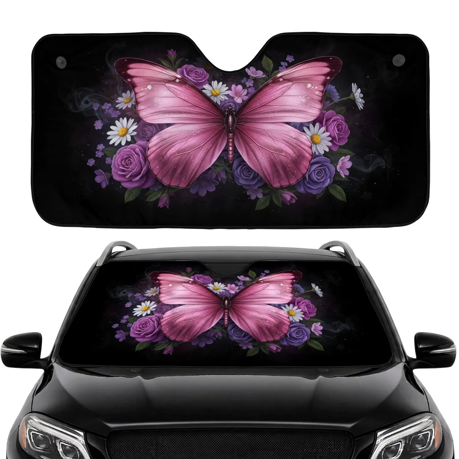 Pink Butterfly Iridescent Wings Purple Roses White Daisy Dark Background - Nature Lover Gift Car Sunshade - 1