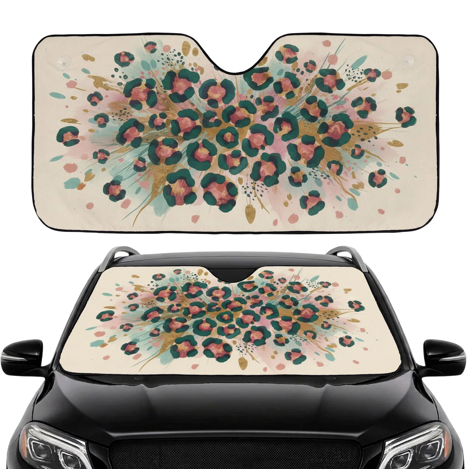 Layered Brushstroke Teal Rose Golden Brown Leopard Spots - Wildlife Lover Gift Car Sunshade - 1