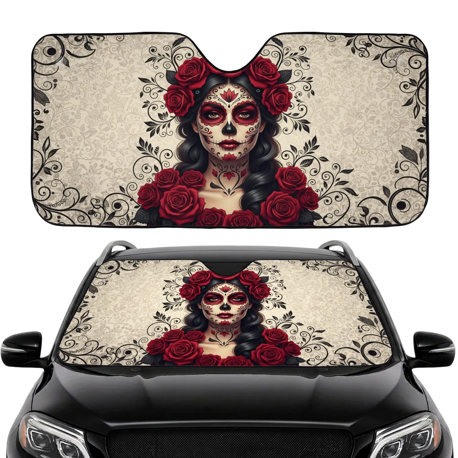 Calavera Catrina Sugar Skull Red Roses Black Floral Vines - Dia de los Muertos Holiday Gift Car Sunshade - 1