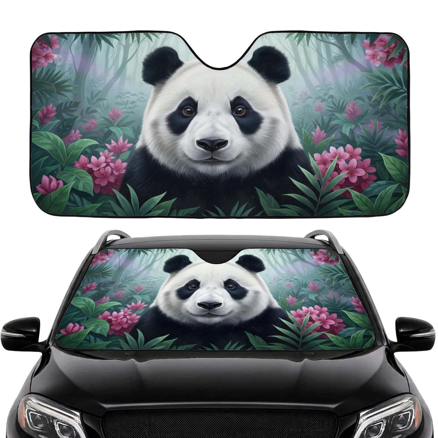 Gentle Giant Panda Face Tropical Foliage Fuchsia Flowers Jungle - Wildlife Lover Gift Car Sunshade - 1