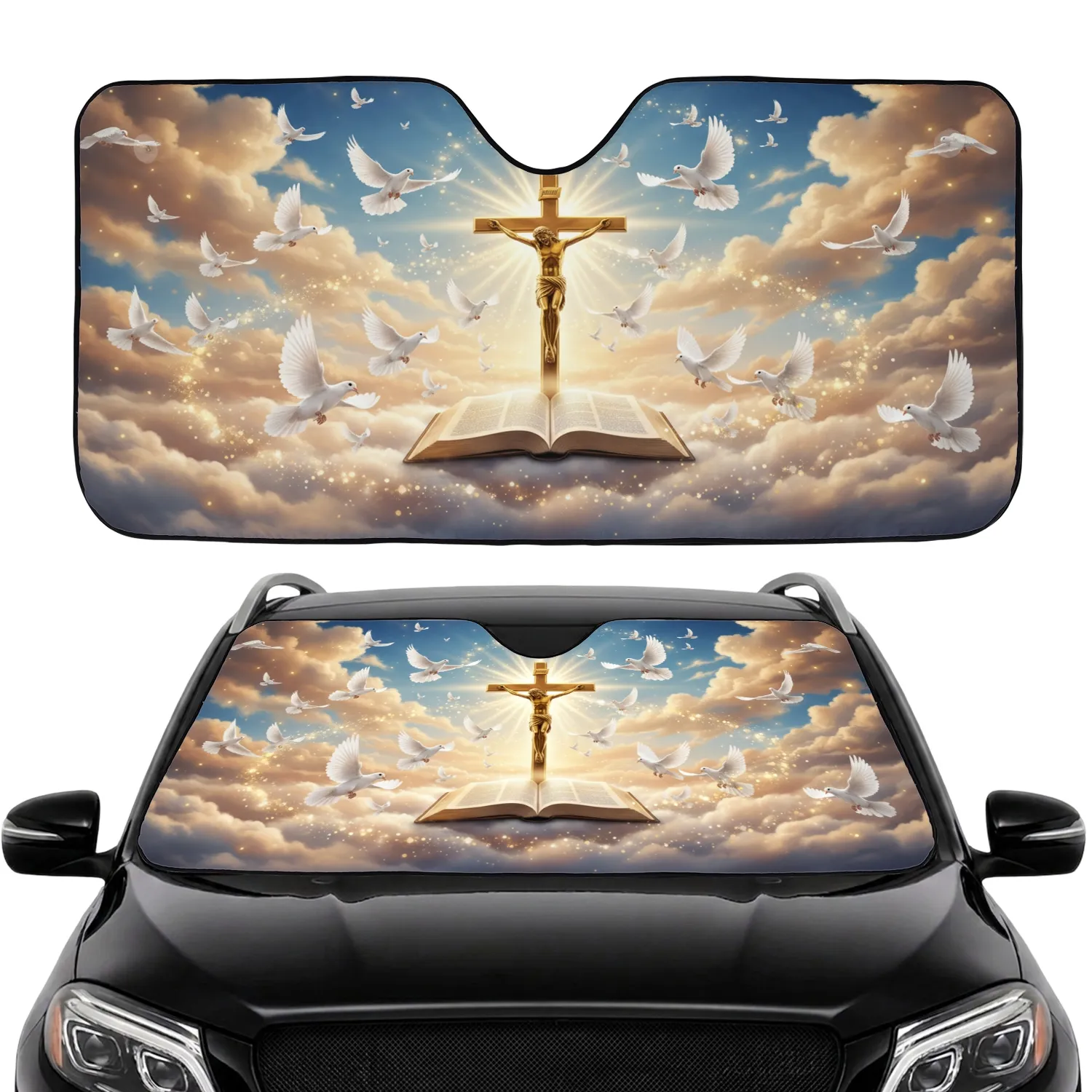 Golden Crucifix Jesus Doves Bible Clouds - Faithful Living Spiritual Gift Car Sunshade - 1