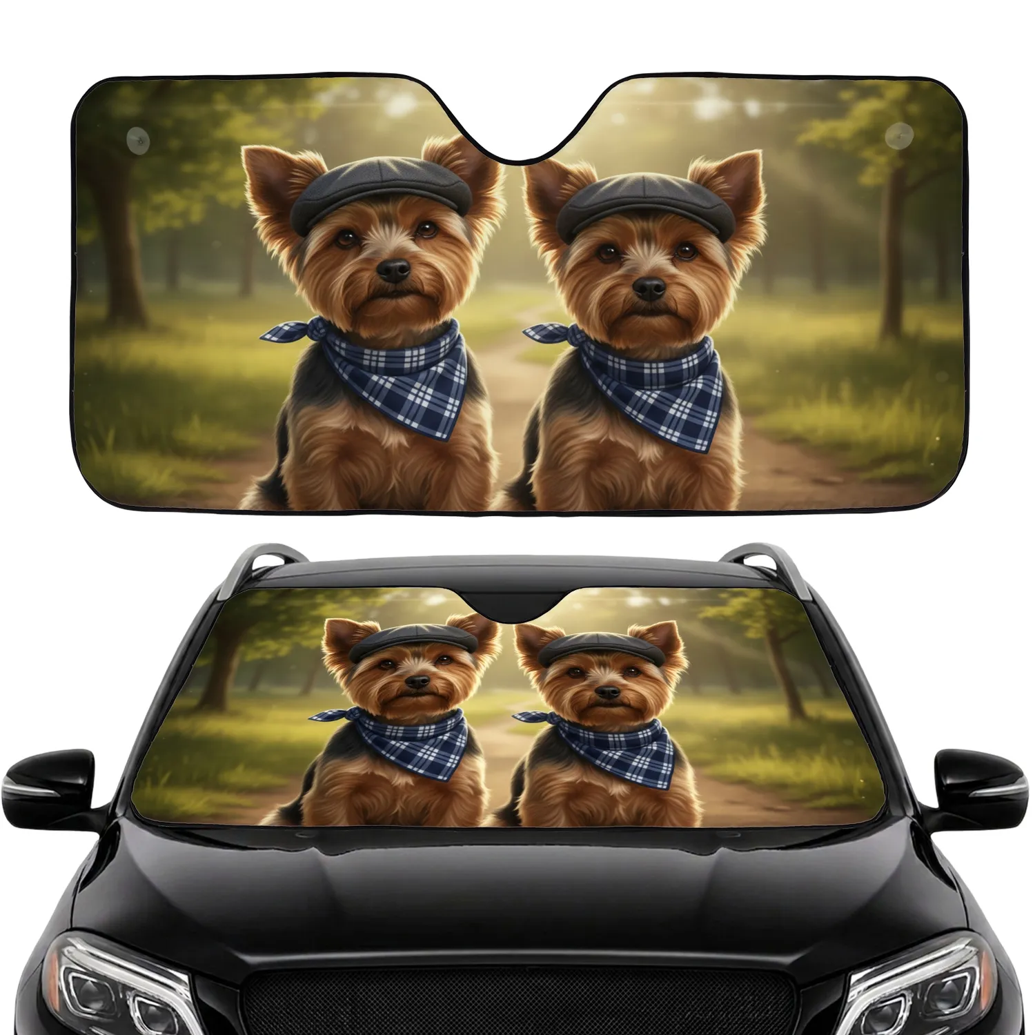 Yorkshire Terriers Flat Cap Plaid Bandana Golden Hour Park Landscape - Dog Lover Gift Car Sunshade - 1