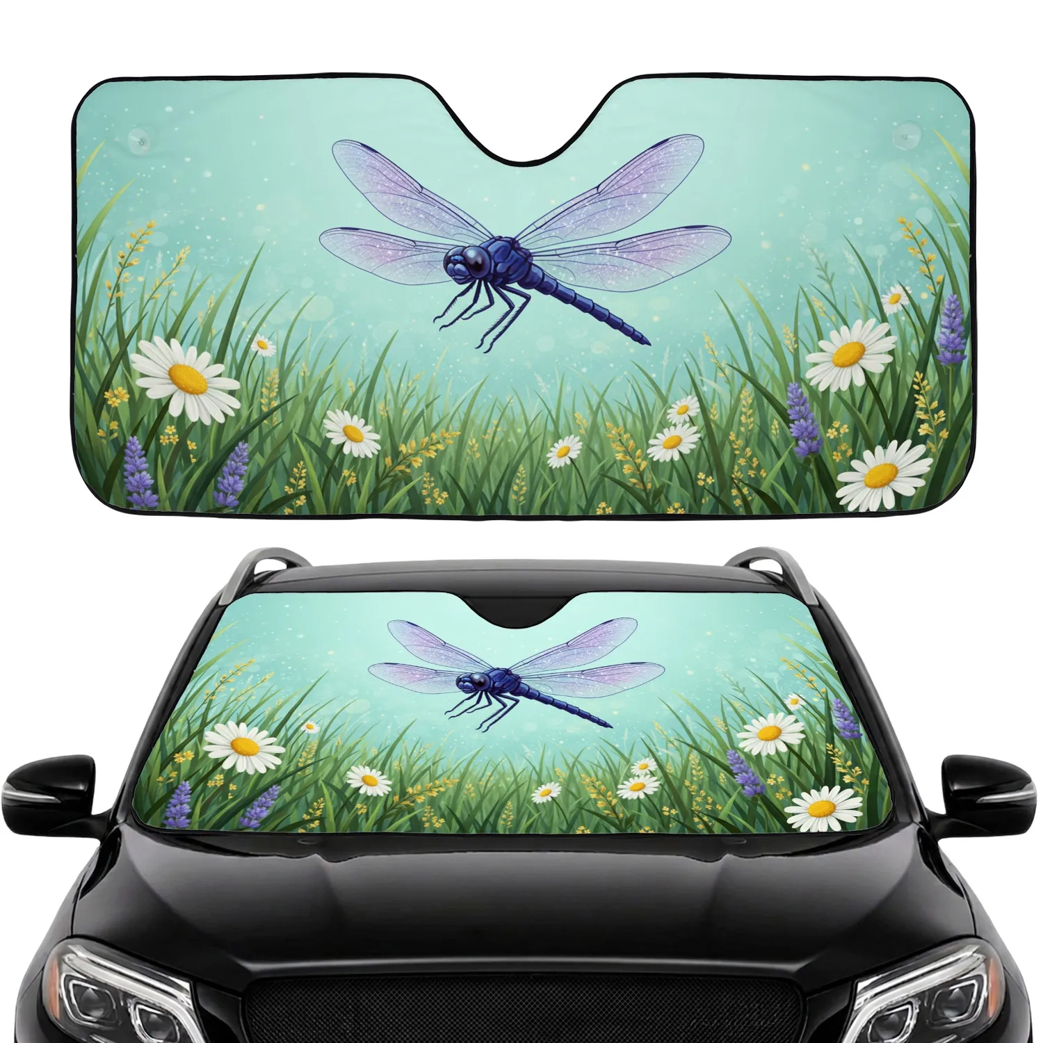 Indigo Dragonfly Star Speckles Daisies - Wildlife Lover Car Decor Car Sunshade - 1