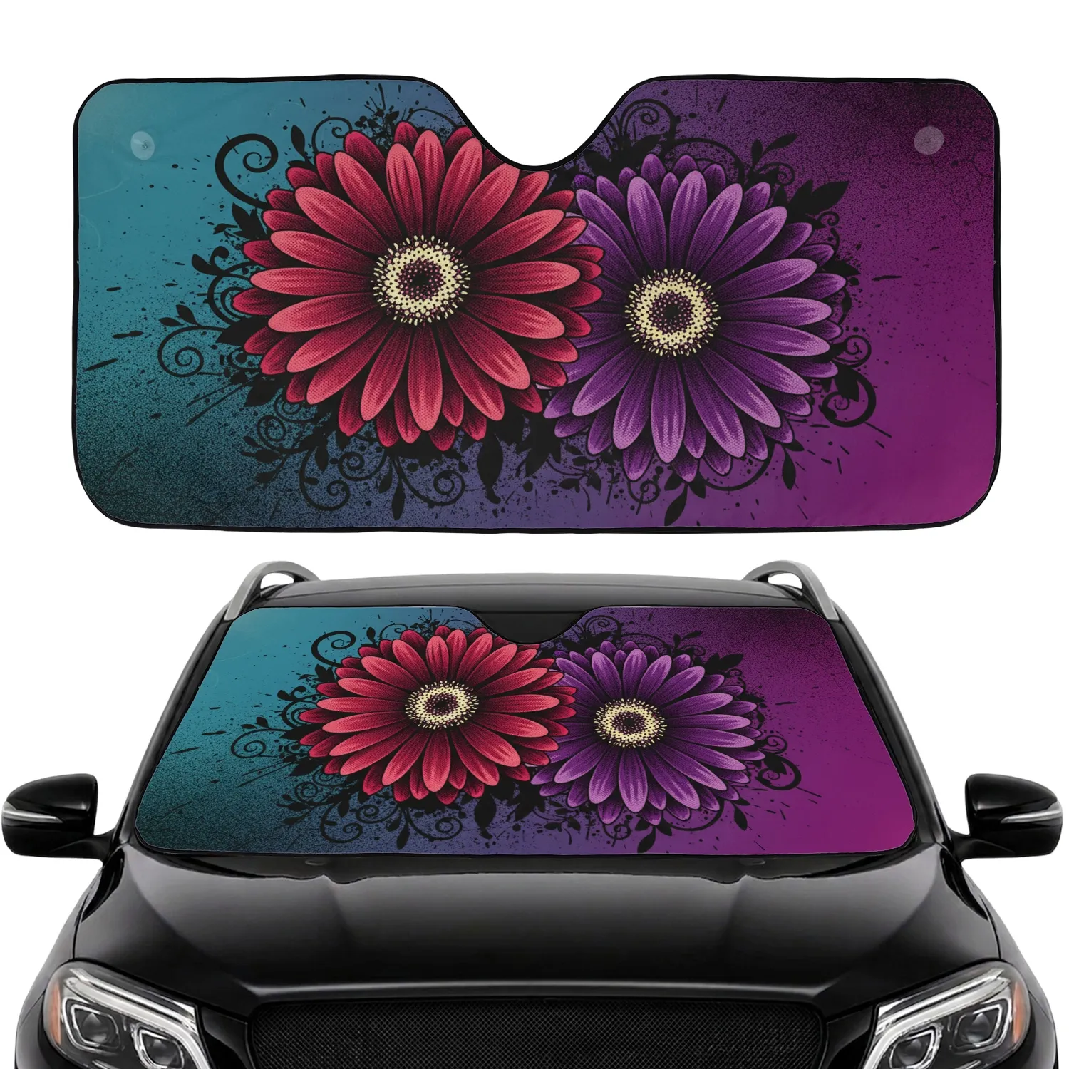 Pop Art Gerber Daisy Floral Graphic Novel - Dark Gritty Magenta Purple Car Decor Gift Car Sunshade - 1