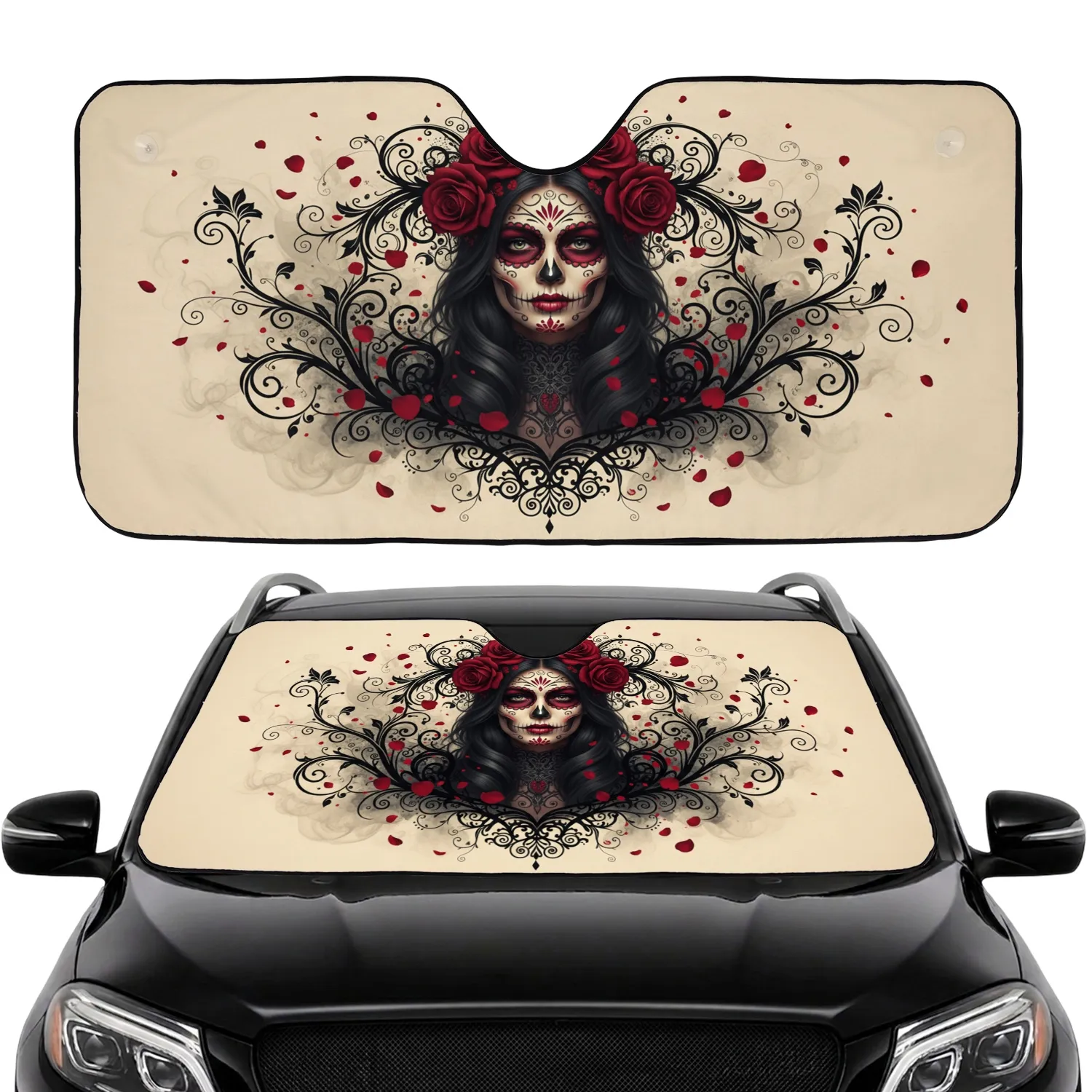 Dia de los Muertos Sugar Skull Woman Crimson Roses Gothic Tendrils - Car Decor Gift Car Sunshade - 1