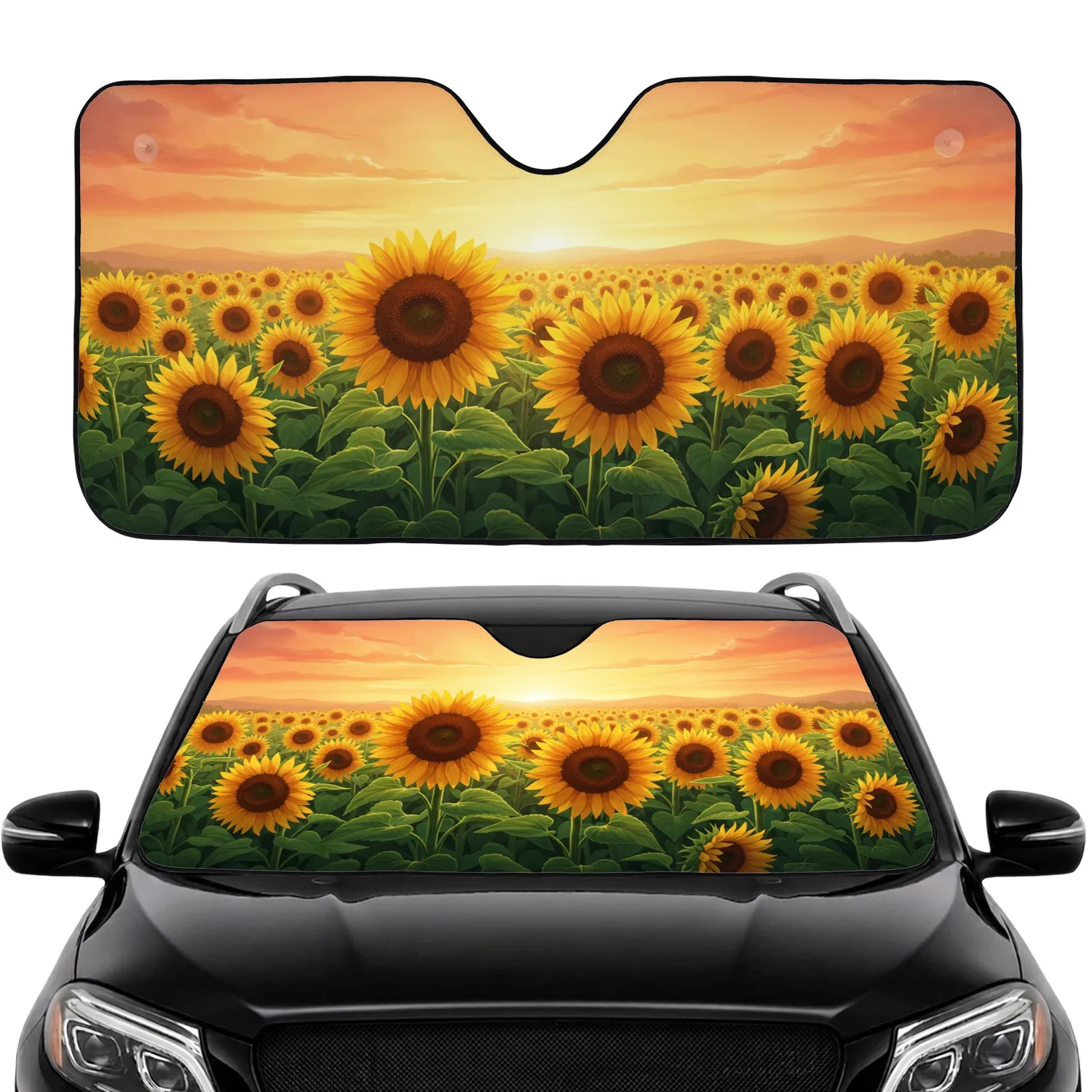 Sunflowers Meadow Warm Sunset Horizon - Nature Lover Car Interior Decor Gift Car Sunshade - 1