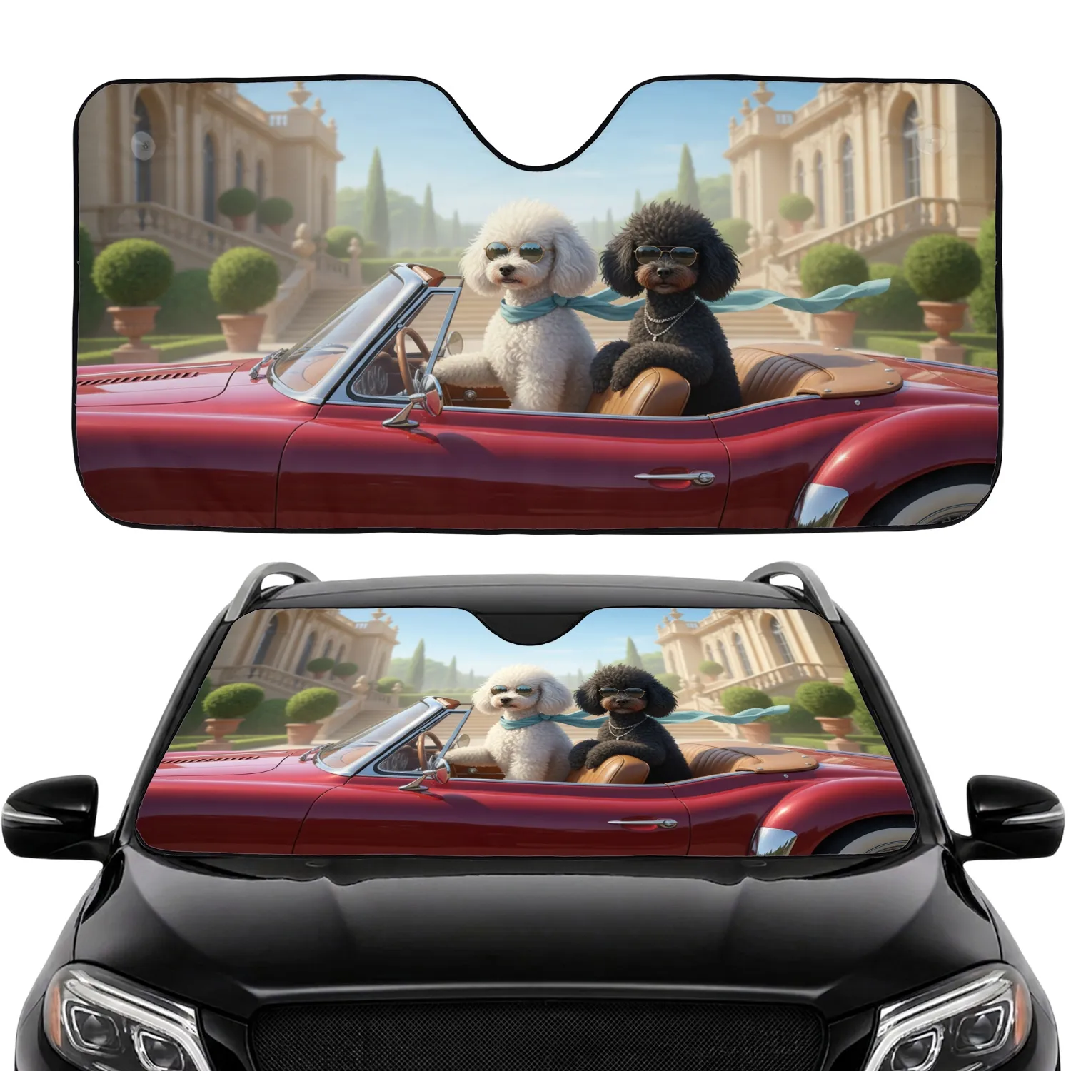 Poodles Vintage Convertible Car - Luxury Lifestyle Gift for Dog Lover Car Sunshade - 1