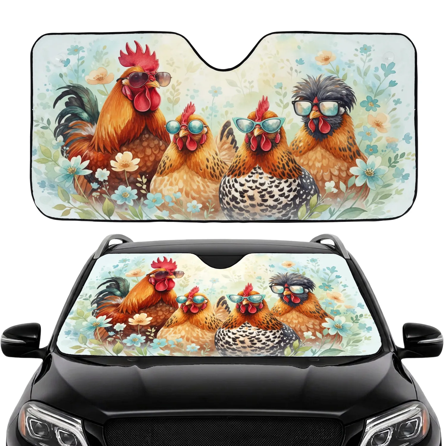Chickens Sunglasses Watercolor Meadow Floral - Summer Farmhouse Decor Car Sunshade - 1