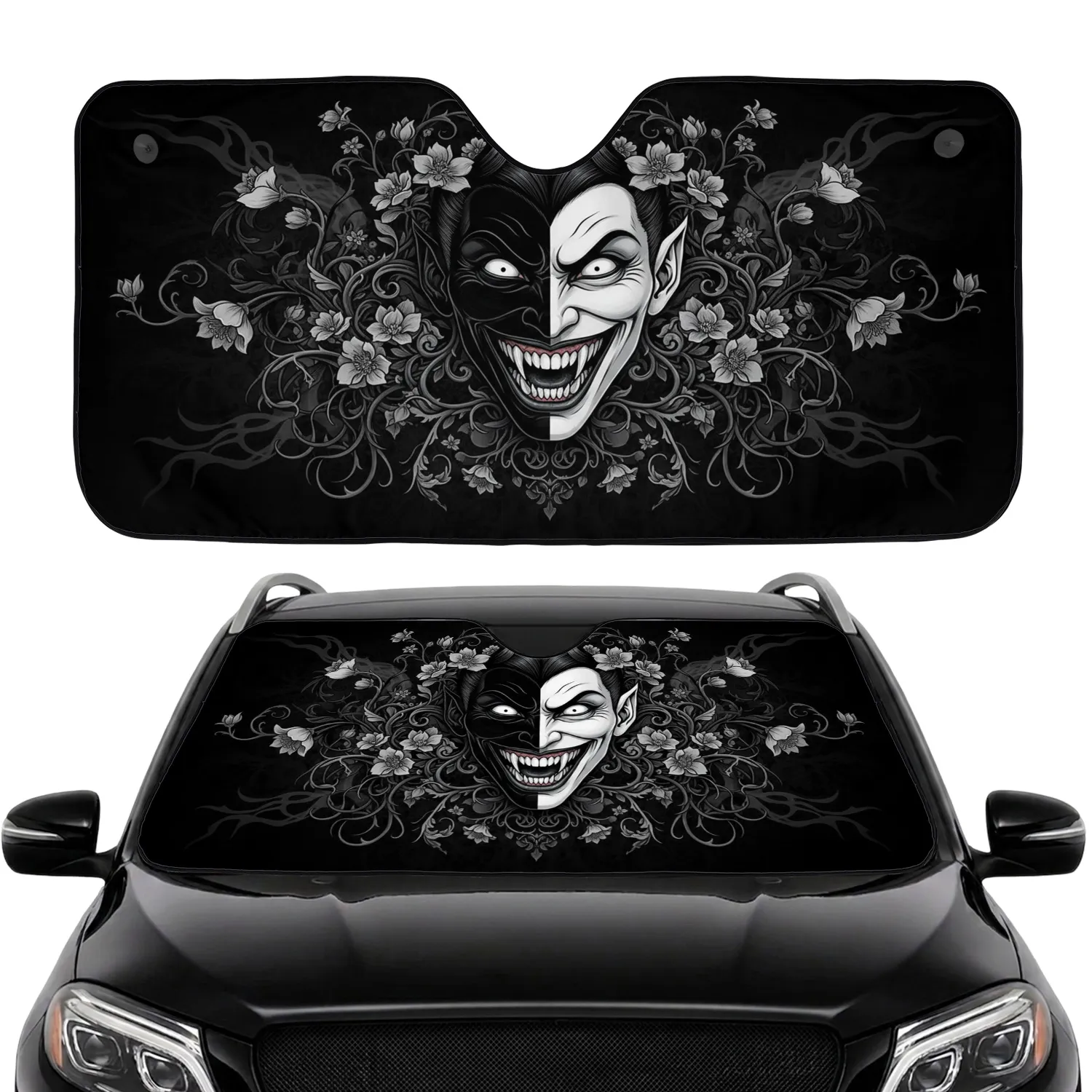 Sinister Vampire Face Gothic Floral - Gothic Lifestyle Gift for Fantasy Lover Car Sunshade - 1