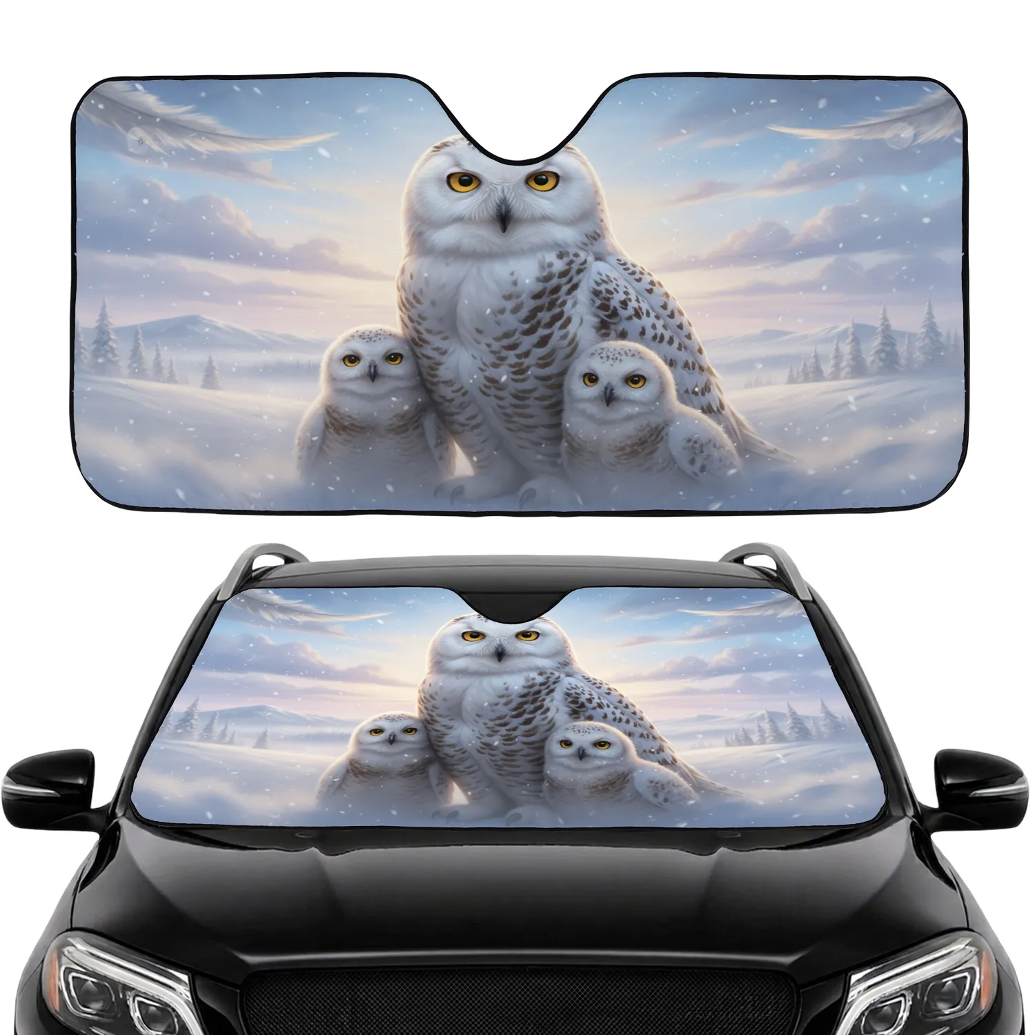 Snowy Owl Family Golden Eyes Arctic Landscape Hills Trees - Owl Lover Nature Gift Car Sunshade - 1