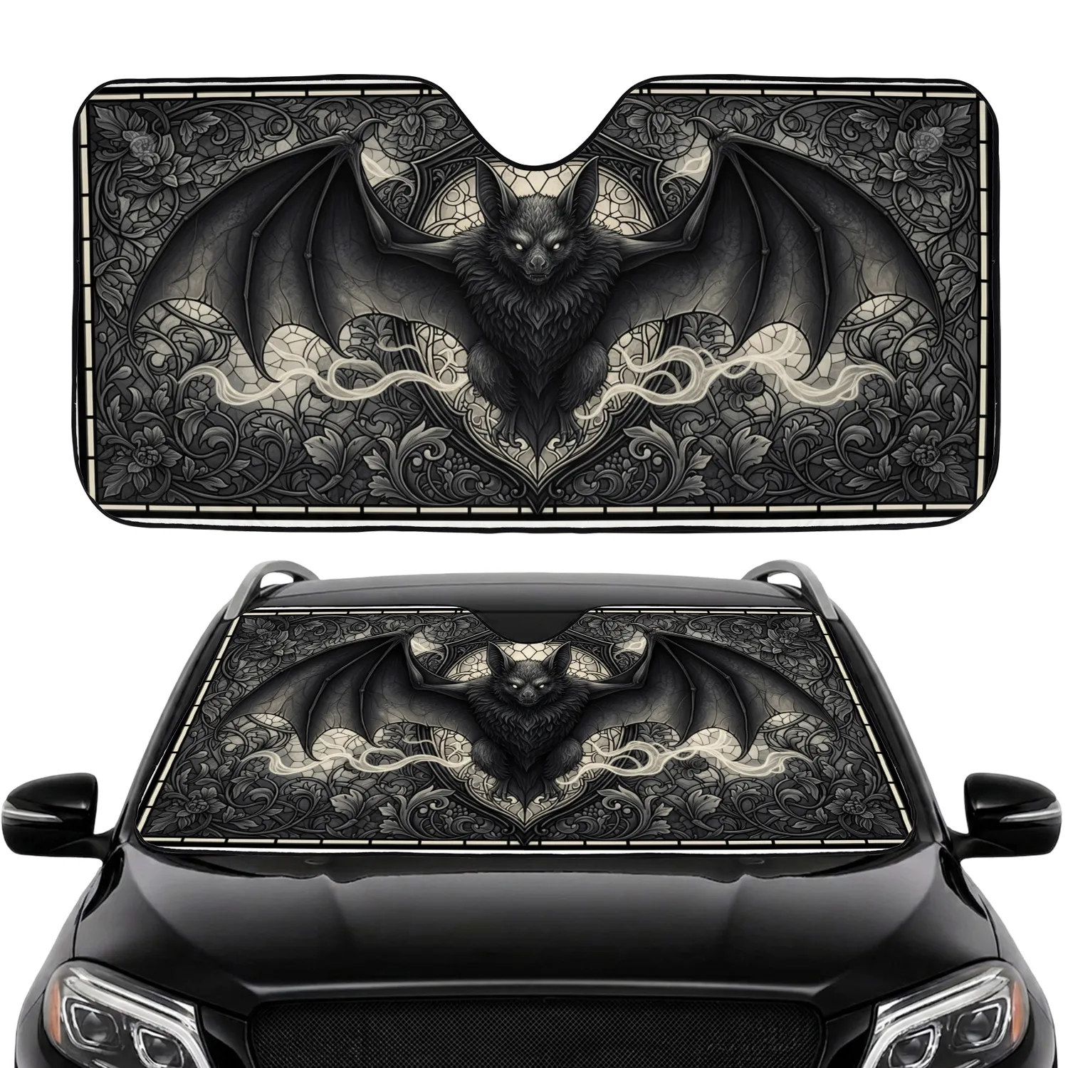 Gothic Bat Filigree Crest Stained Glass Floral - Everyday Travel Gift Car Sunshade - 1