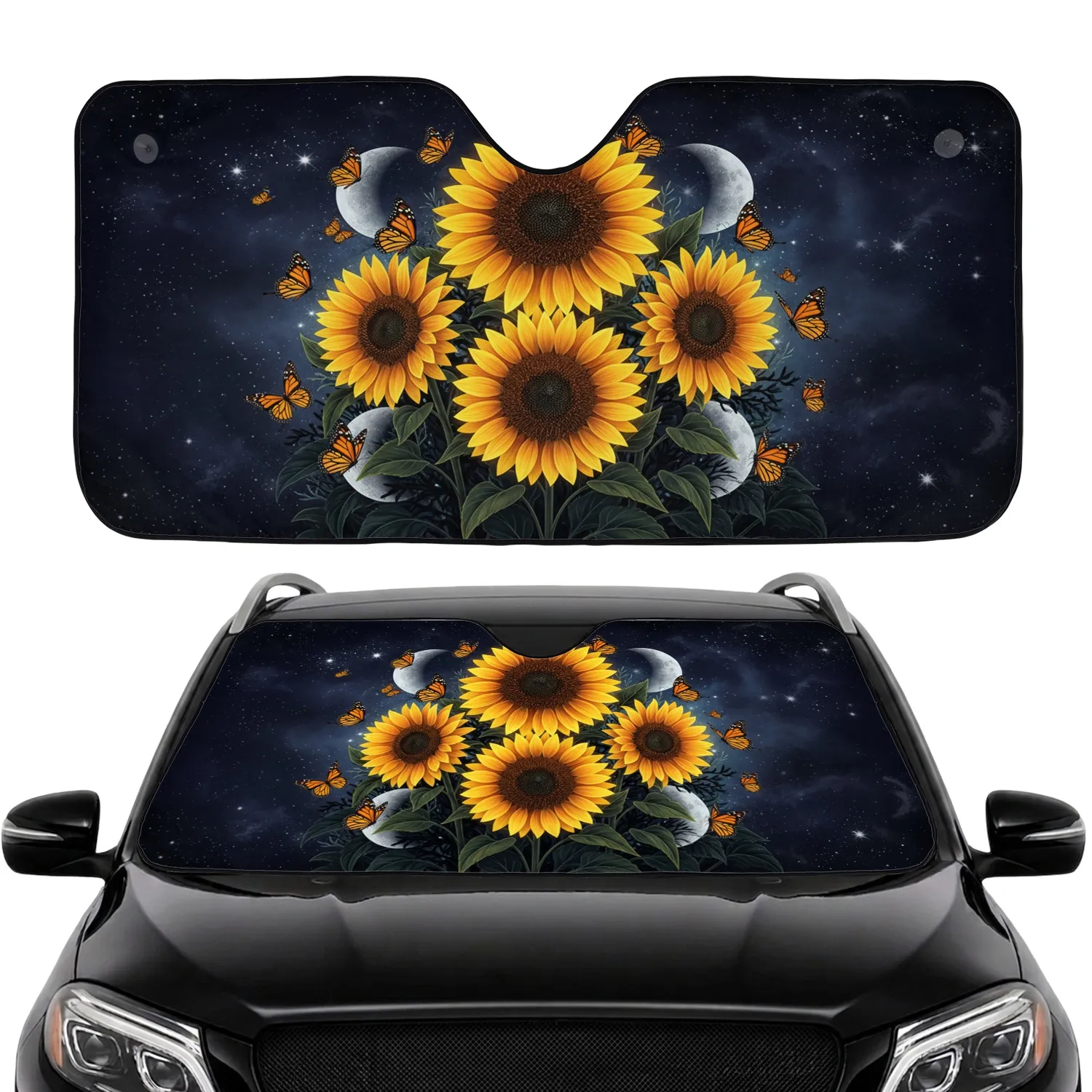 Sunflowers Monarch Butterflies Moonlit Night Sky - Nature Lover Gift Car Sunshade - 1