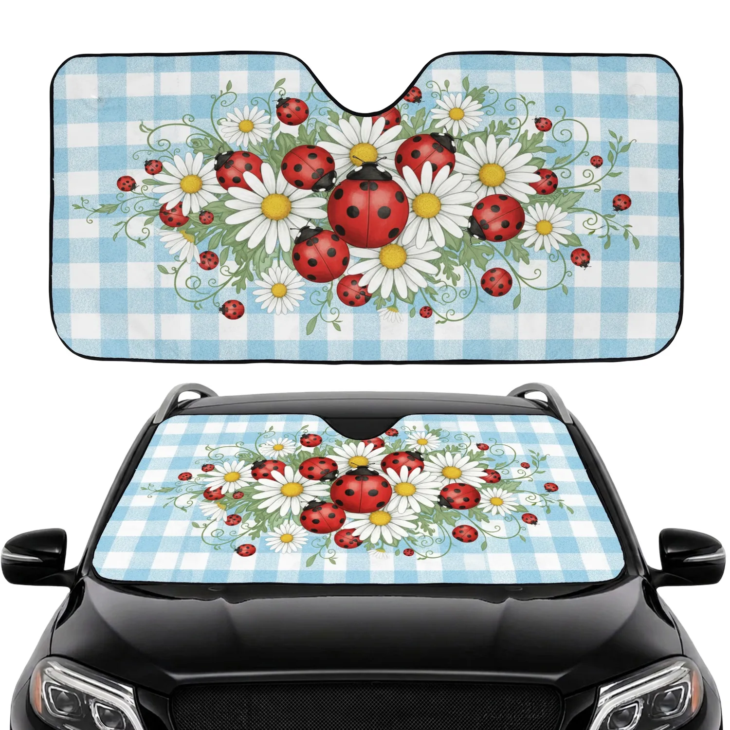 Ladybugs Blooming Daisies Leaves Tendrils Gingham Check Field - Wildlife Lover Gift Car Sunshade - 1