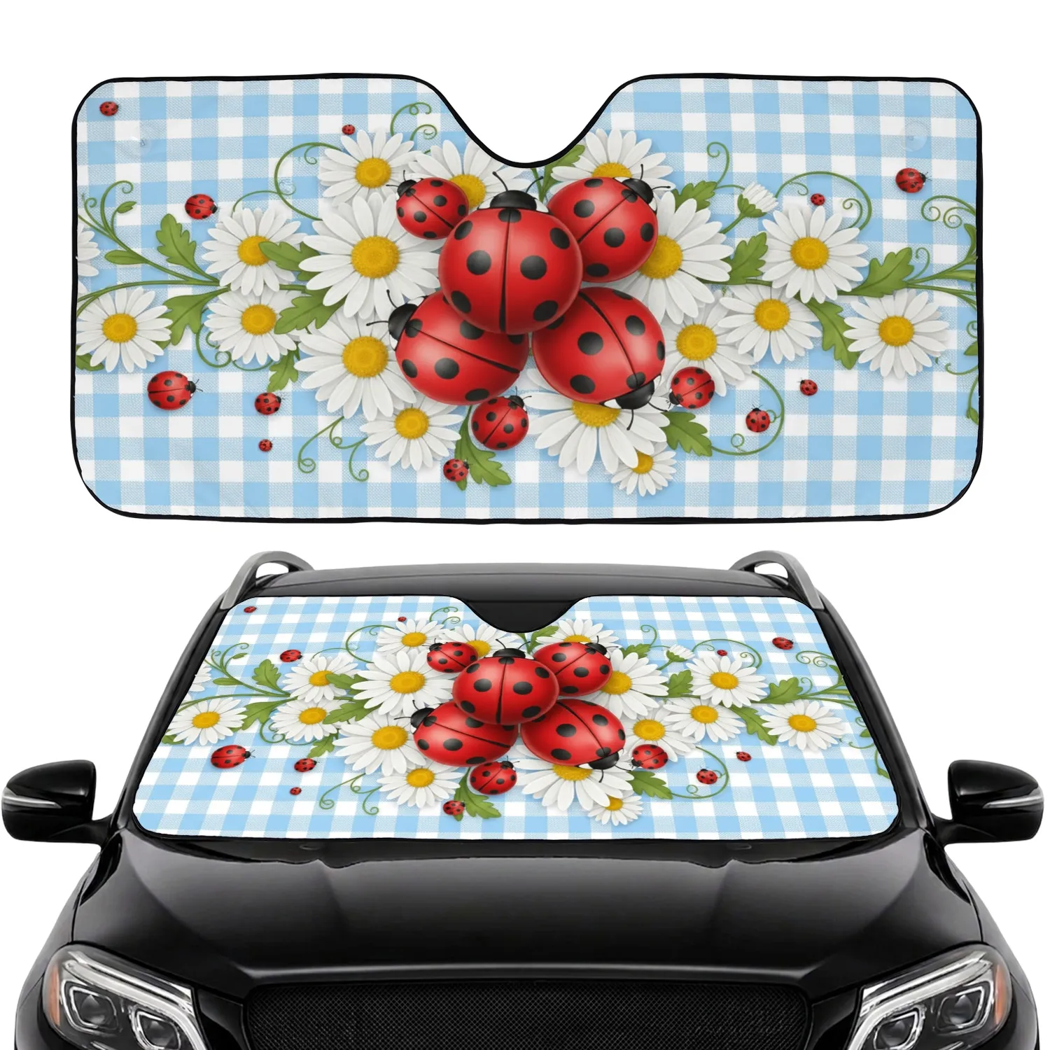 Red Ladybugs White Daisies Gingham - Spring Day Gift for Ladybug Lover Car Sunshade - 1