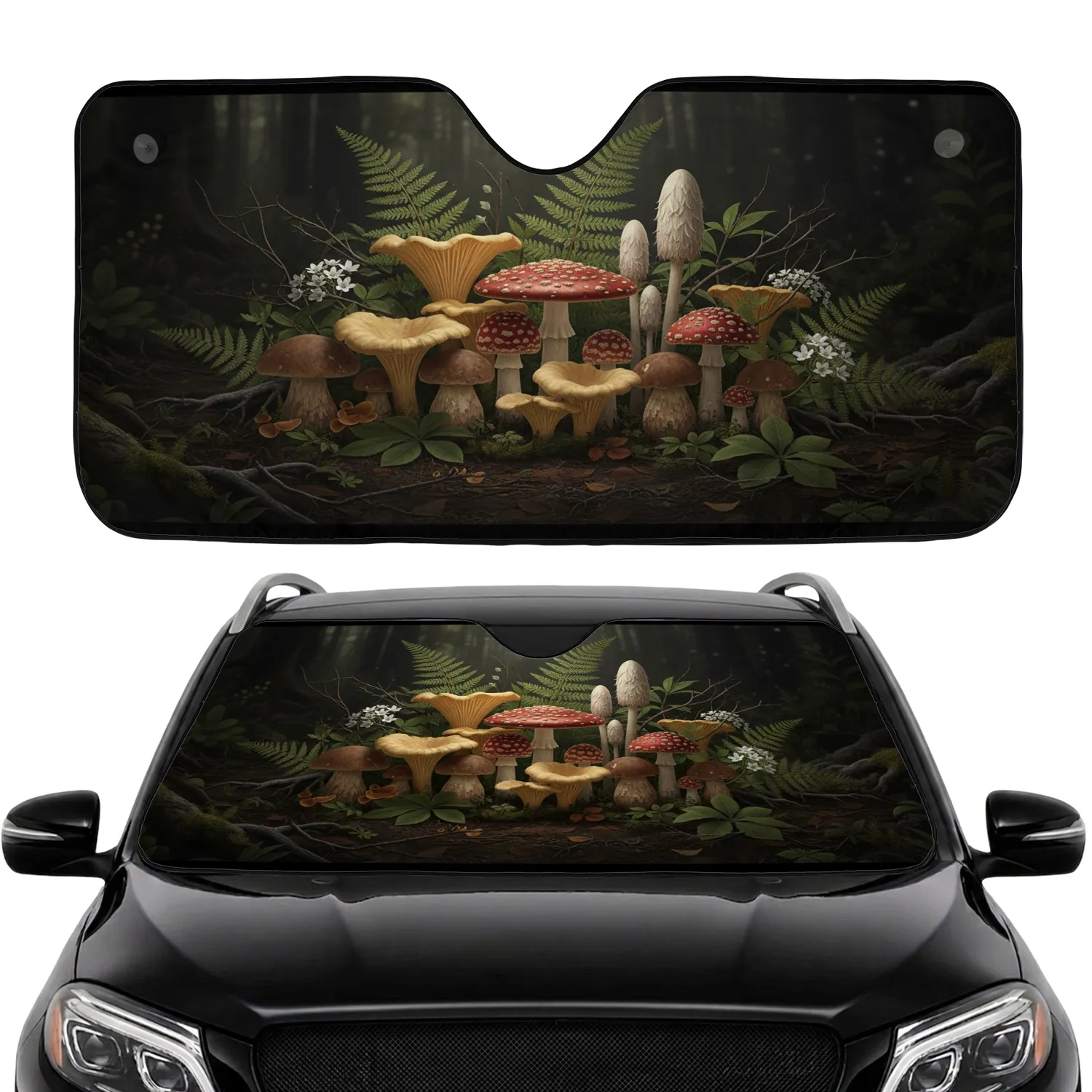 Spotted Toadstool Chanterelle Bolete Mushroom Forest Floor Scene - Nature Lover Gift Car Sunshade - 1