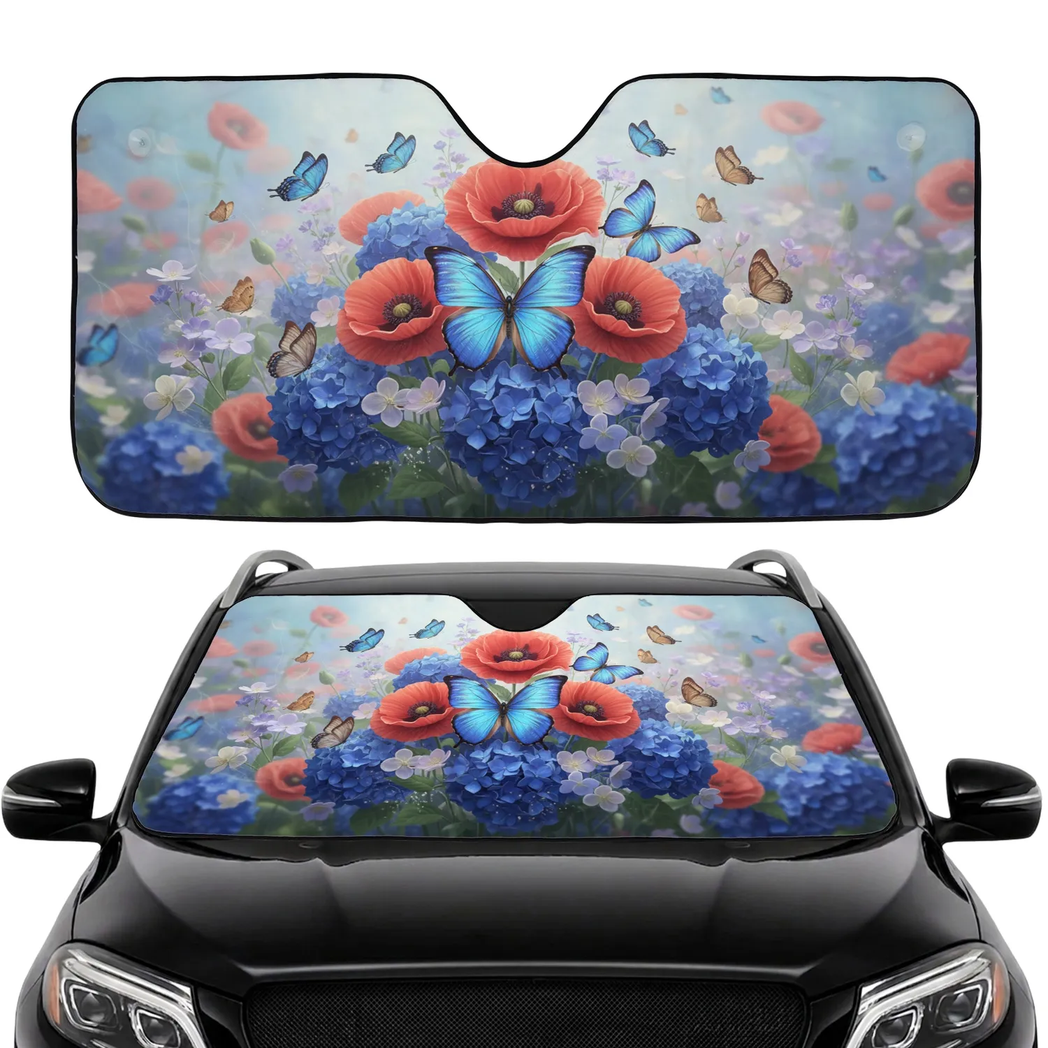 Blue Morpho Butterflies Coral Poppies Botanical Garden - Nature Lover Car Decor Car Sunshade - 1