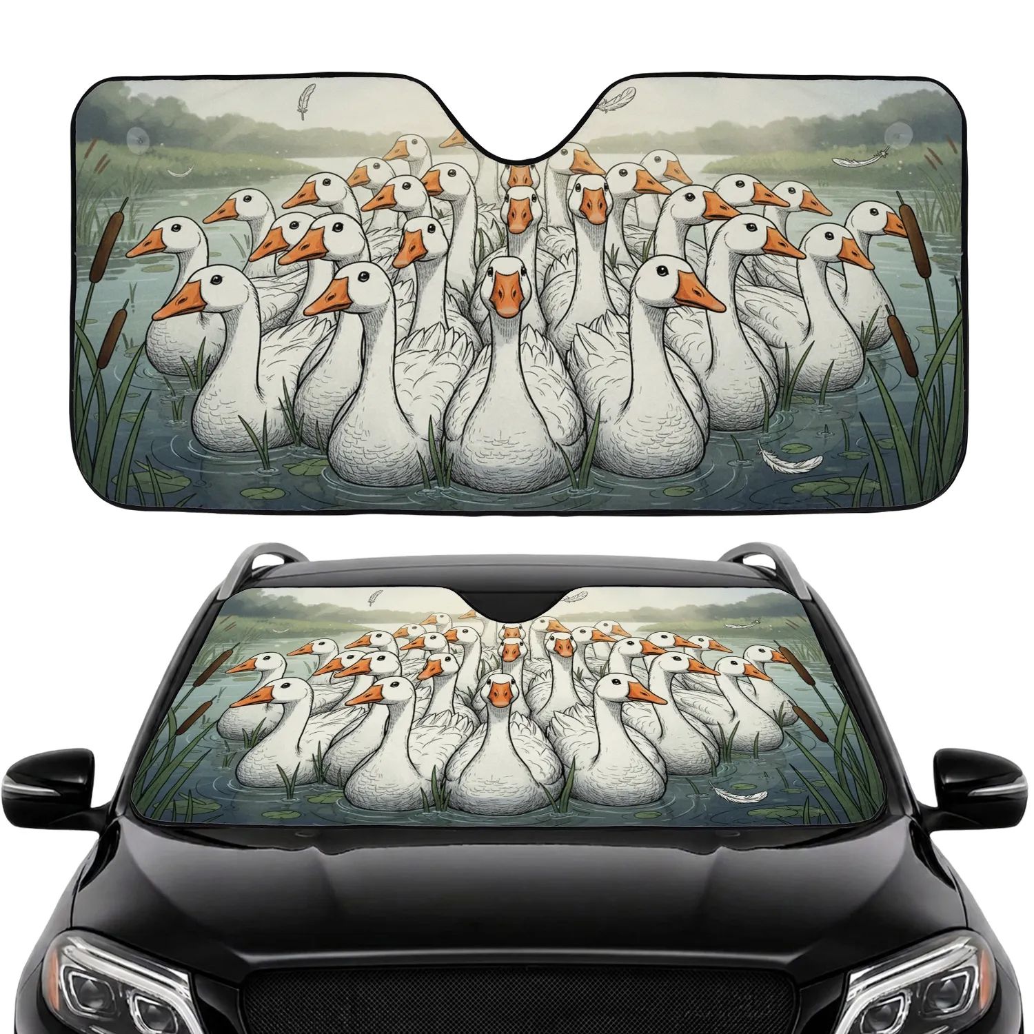 Interlocking White Geese Marsh Reeds Pond Water - Wildlife Admirer Present Car Sunshade - 1