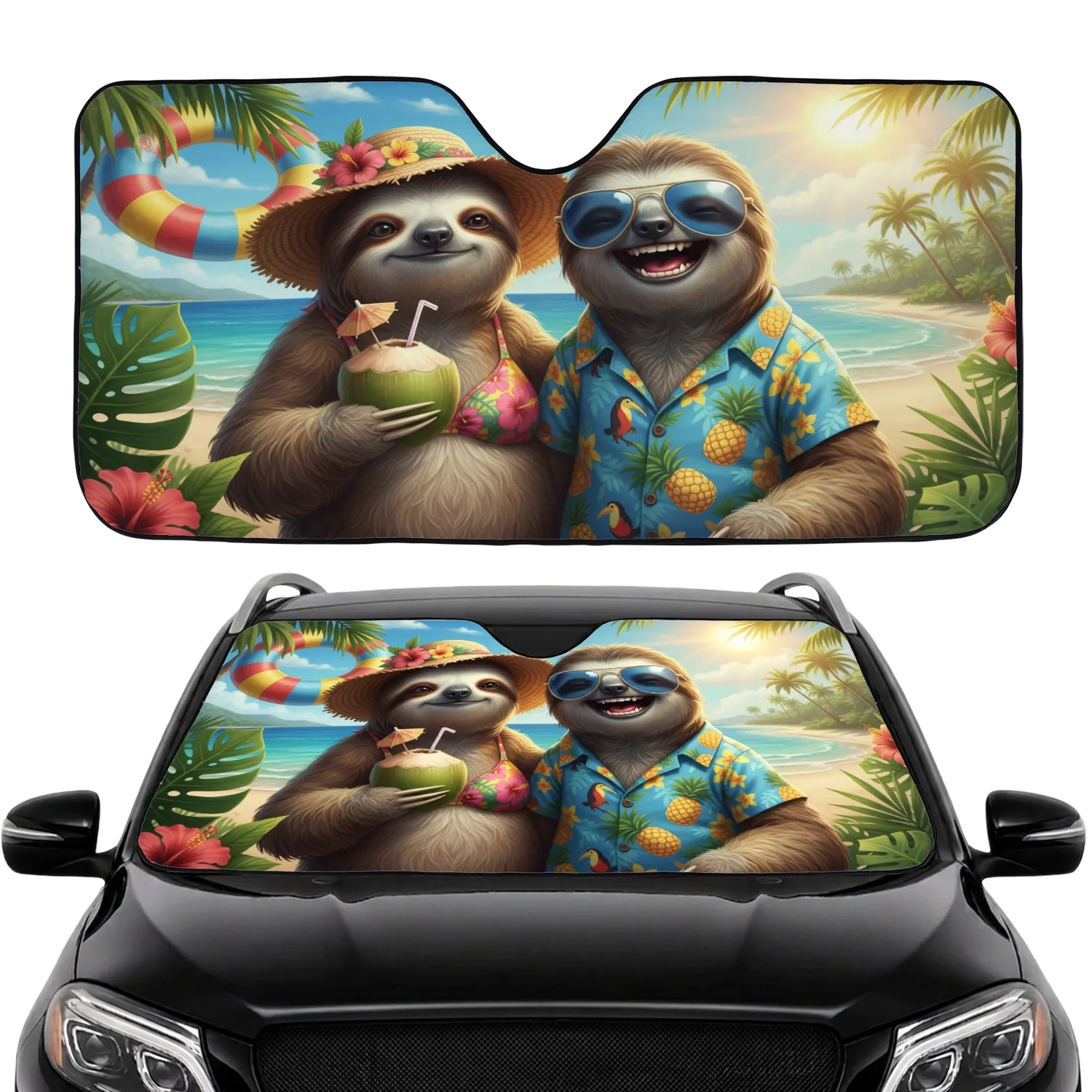 Joyful Sloths Floral Hat Hawaiian Shirt Tropical Beach Scene - Wildlife Lover Gift Car Sunshade - 1