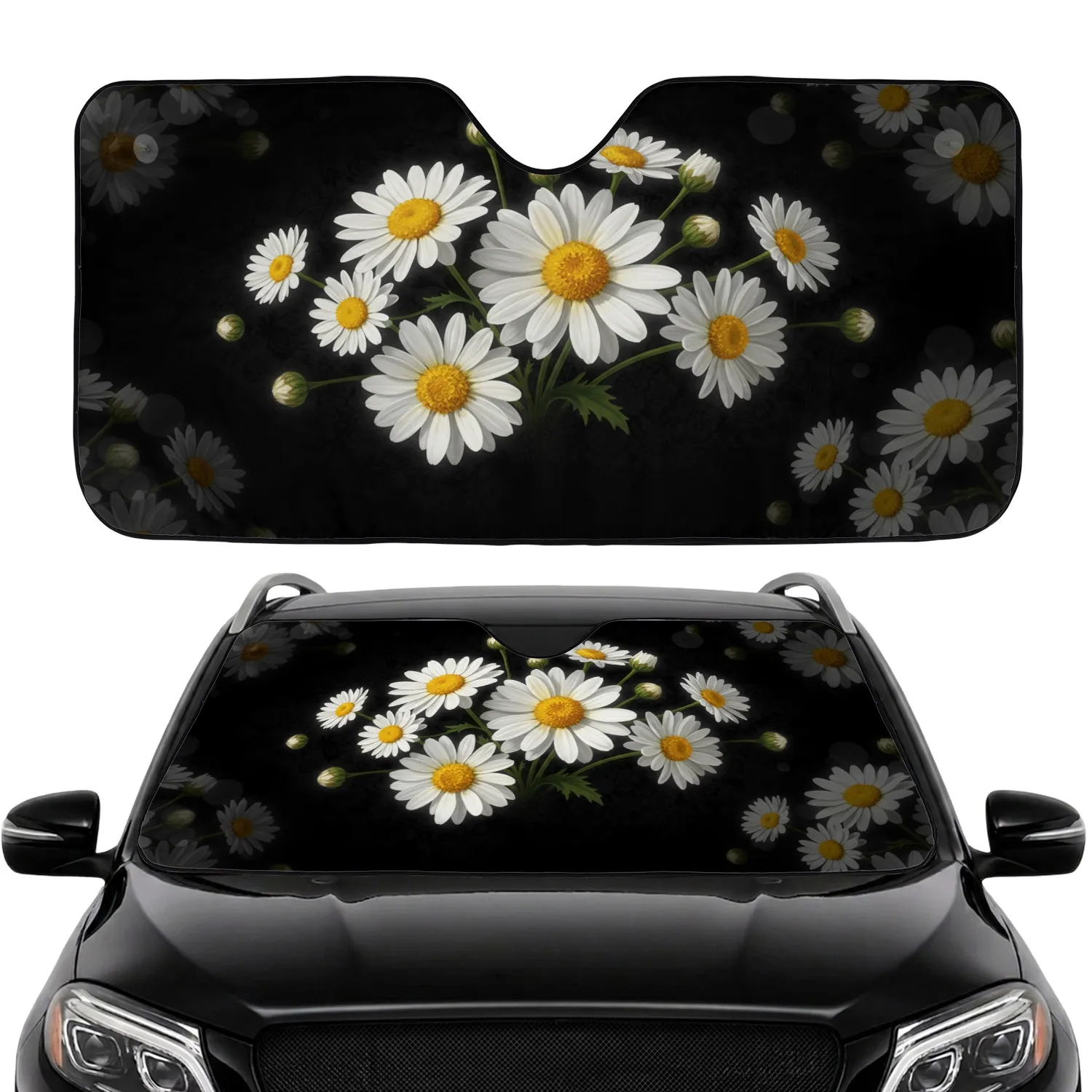 White Daisy Flowers Black Background - Nature Lover Everyday Style Car Sunshade - 1