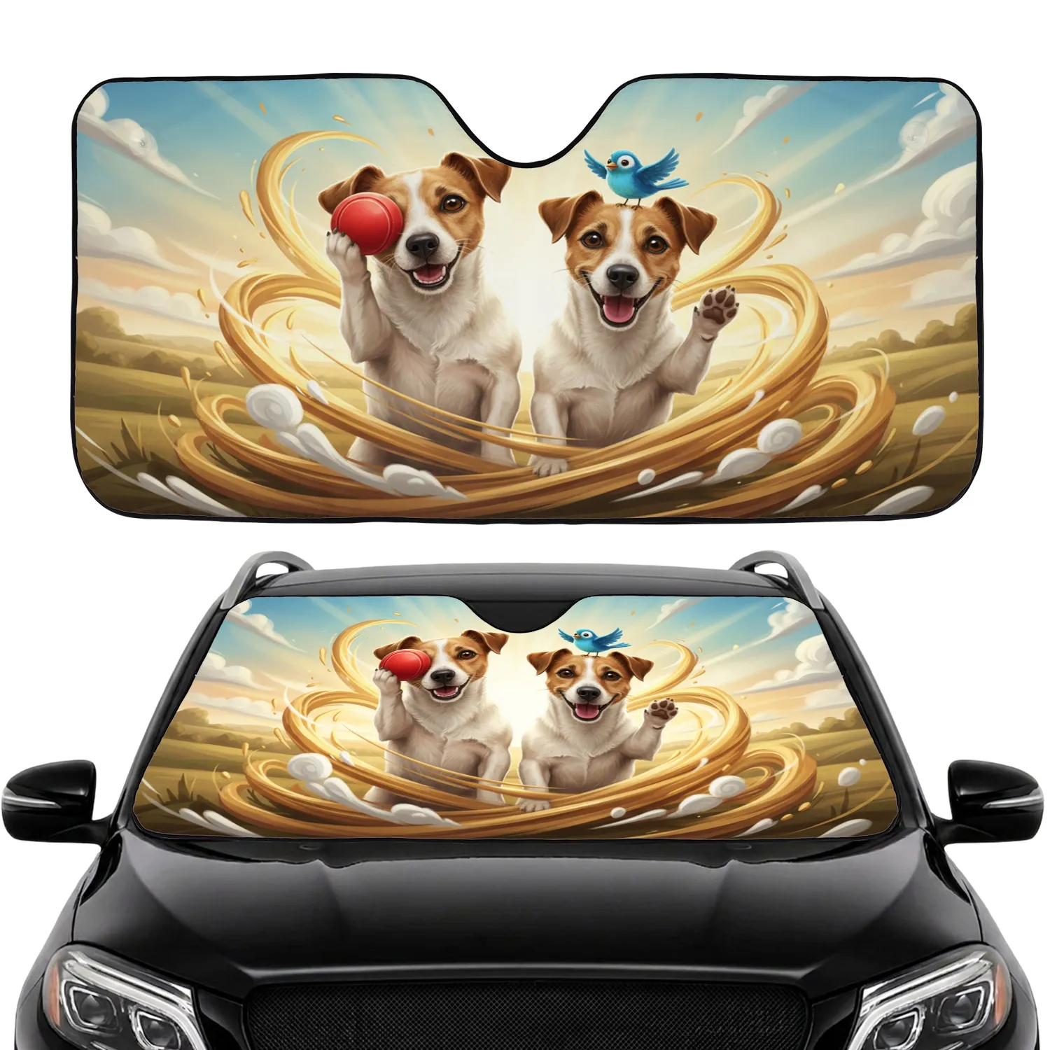Jack Russell Terriers Red Ball Blue Bird - Road Trip Dog Lover Gift Car Sunshade - 1