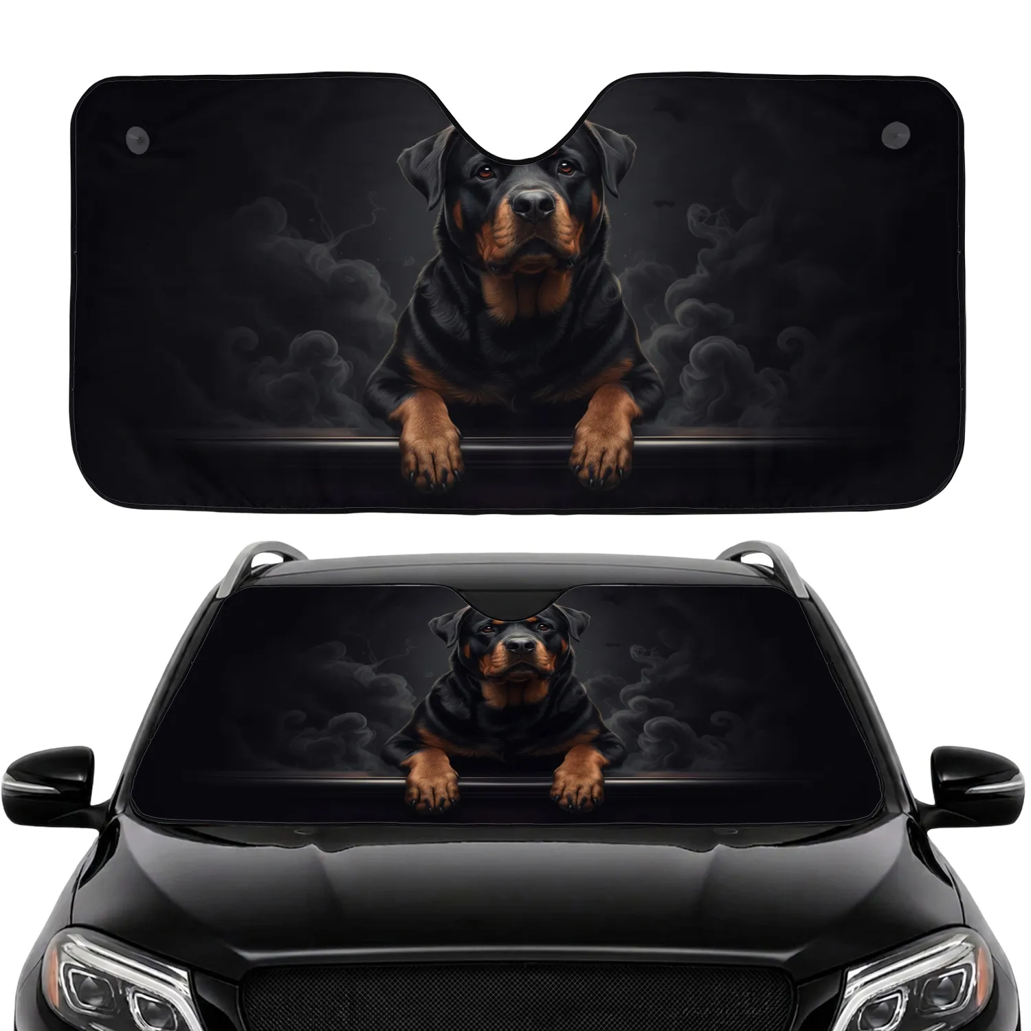 Majestic Rottweiler Dog Expressive Eyes Powerful Paws Dark Scene - Dog Lover Gift Car Sunshade - 1