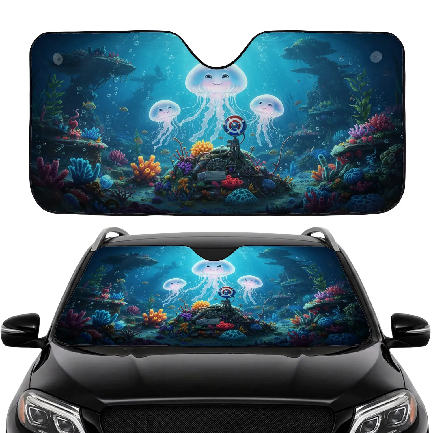 Jellyfish Deep Sea Control Station Scene - Ocean Life Lover Gift Car Sunshade - 1