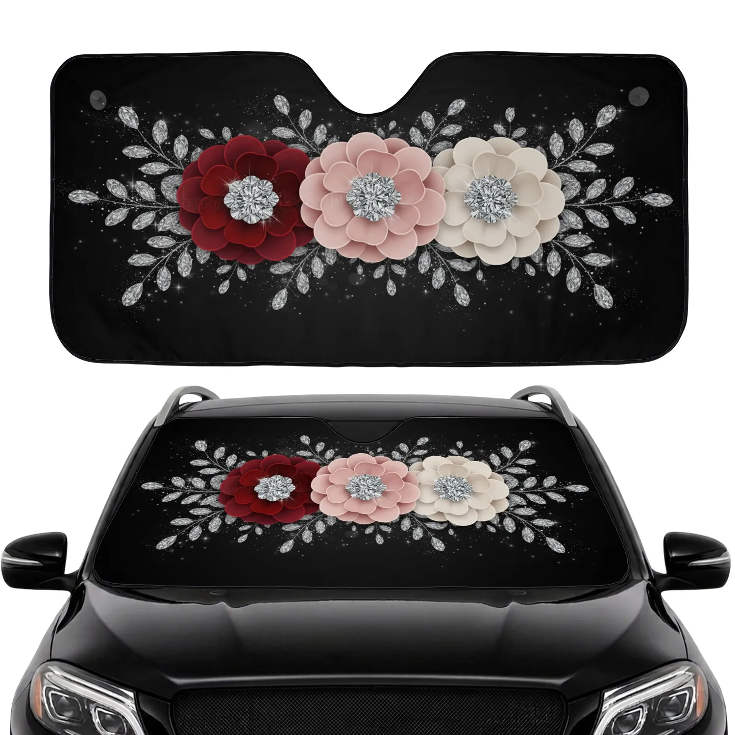 Ornate Diamond Blossoms Crystal Leaves - Car Accent Gift Car Sunshade - 1