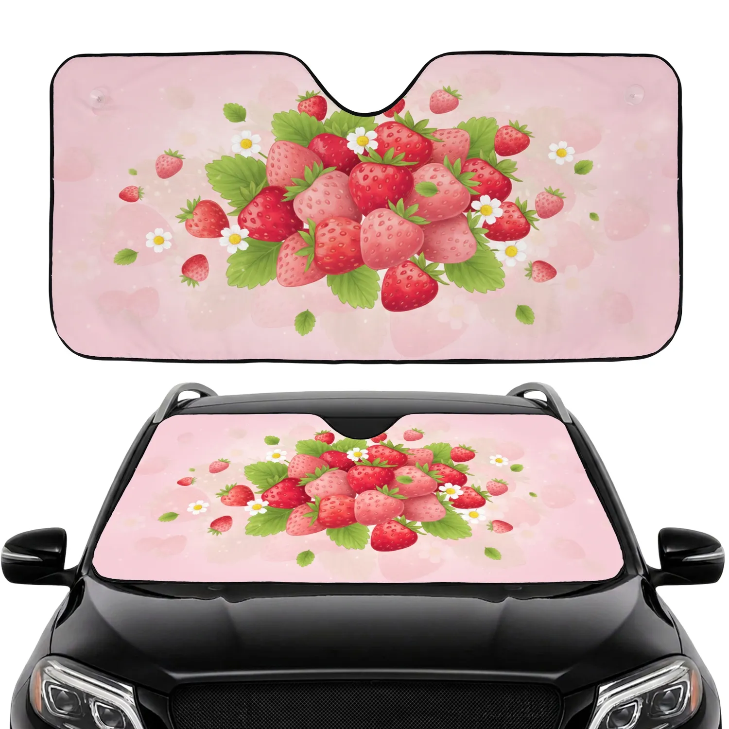 Pastel Pink Ripe Strawberries Fresh Green Leaves White Daisies - Fruit Lover Car Decor Gift Car Sunshade - 1