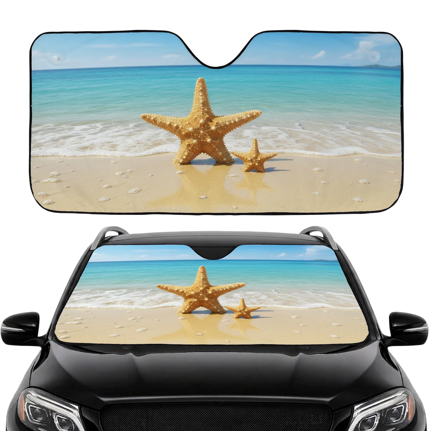 Five-Armed Starfish Sand Tropical Beach Ocean Waves Seafoam Horizon - Coastal Gift Car Sunshade - 1