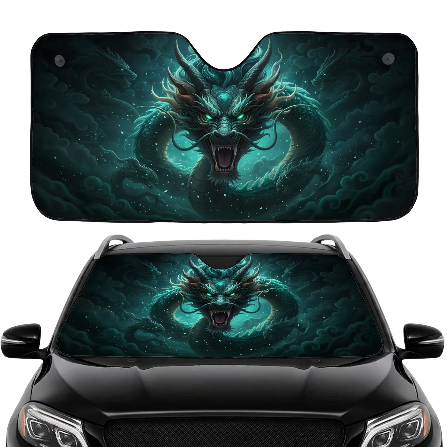 Majestic Serpentine Dragon Glowing Emerald Eyes - Dark Fantasy Lover Gift Car Sunshade - 1