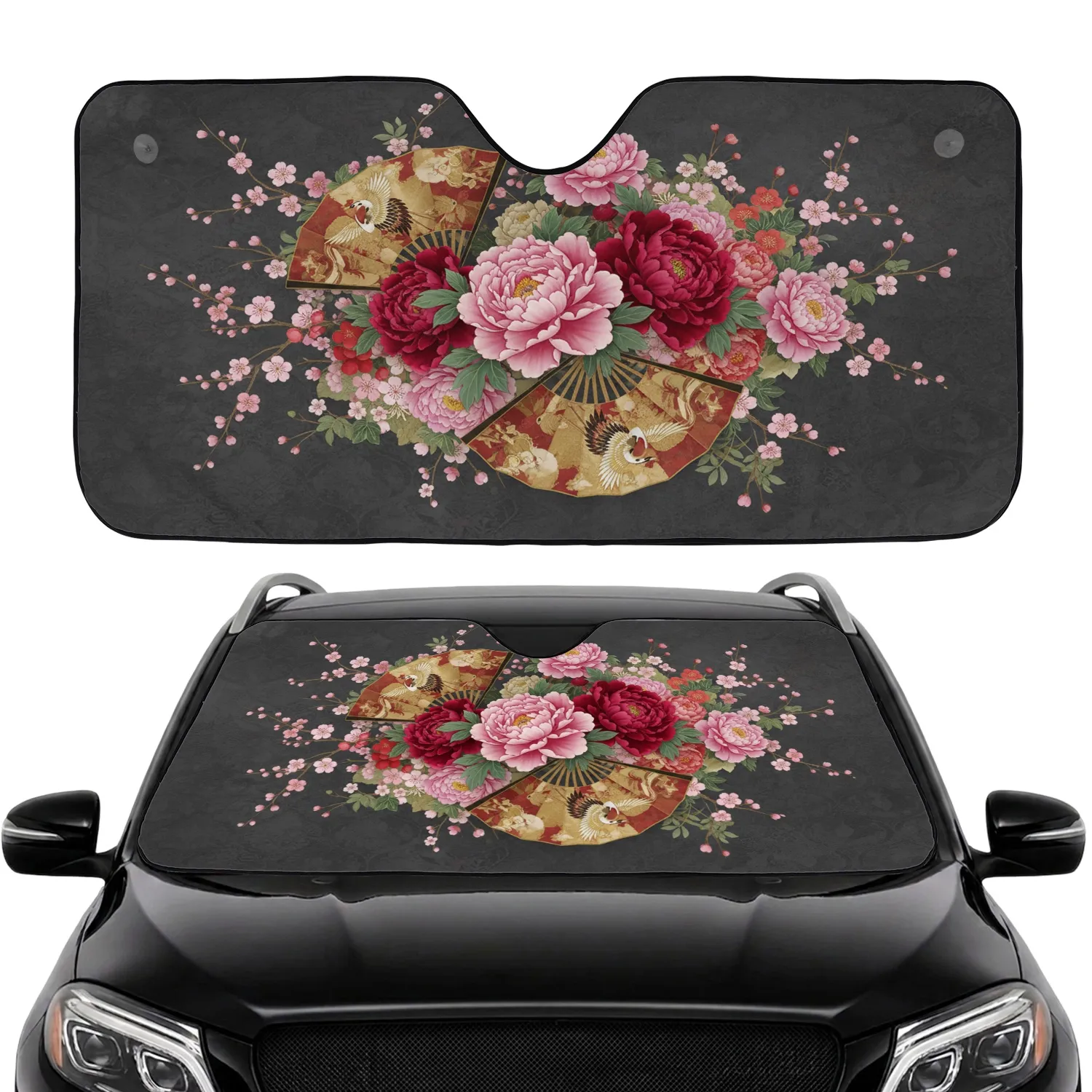 Peonies Japanese Fans Cherry Blossoms Seigaiha Waves - Car Decor Gift Car Sunshade - 1