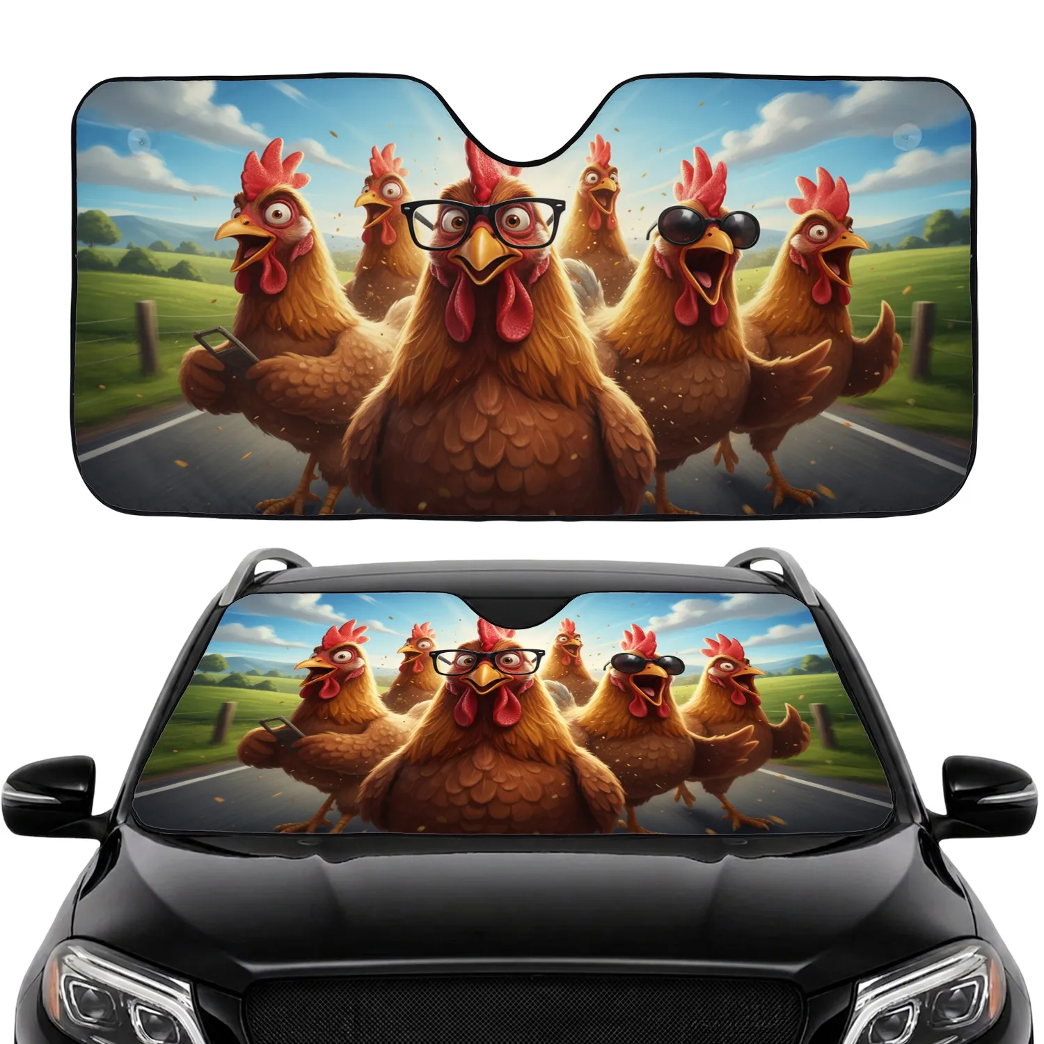 Five Humorous Chickens with Glasses Road Trip Adventure - Car Accessory Gift Car Sunshade - 1