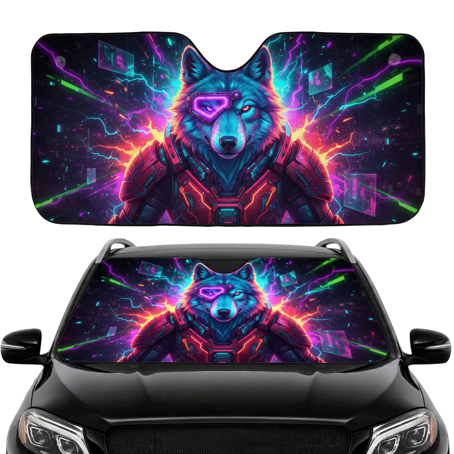 Neon Cyber Wolf Glowing Visor Circuit Board Armor - Futuristic Car Decor for Tech Fans Car Sunshade - 1