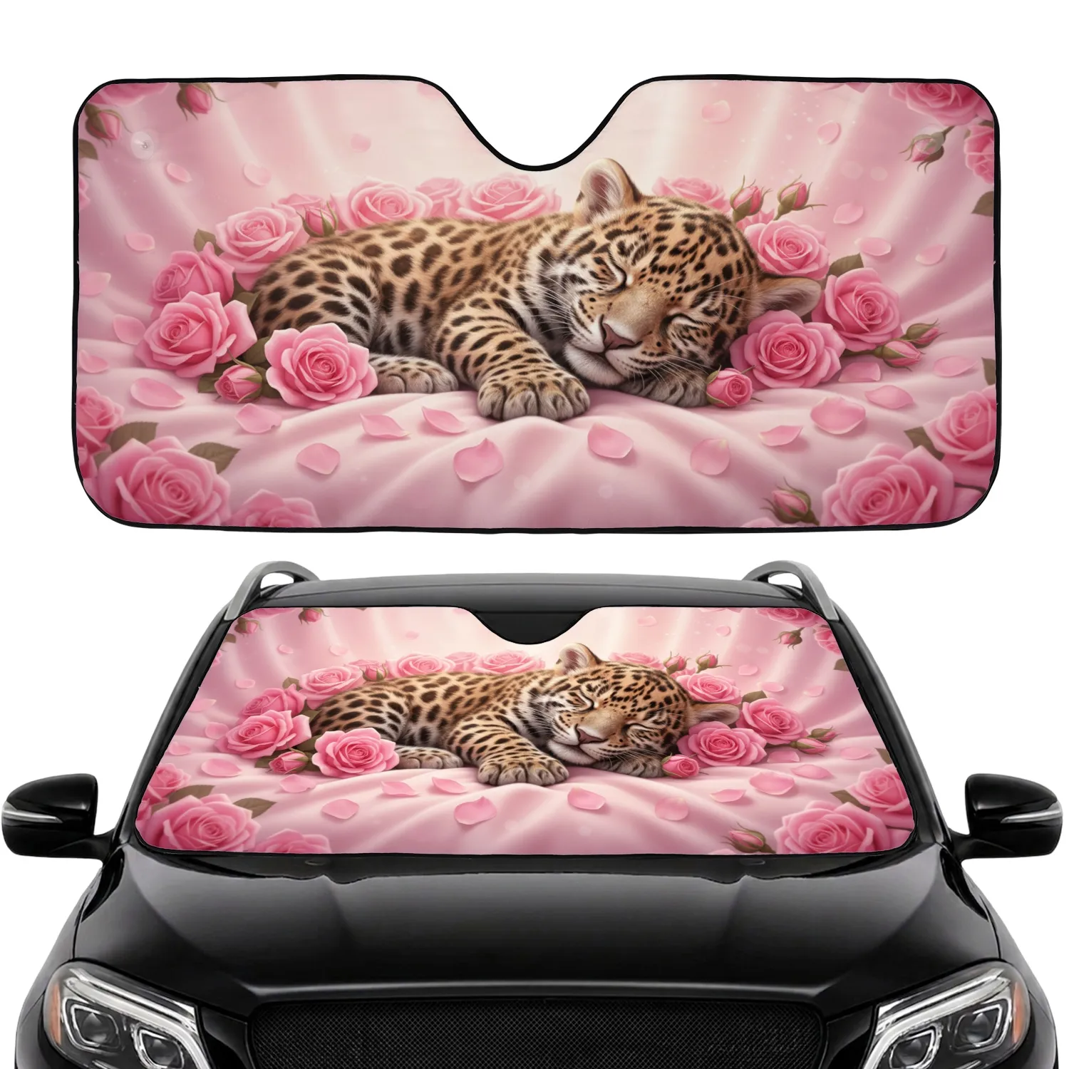Sleeping Baby Jaguar Cub Pink Roses Drapes - Wildlife Lover Vehicle Decor Gift Car Sunshade - 1