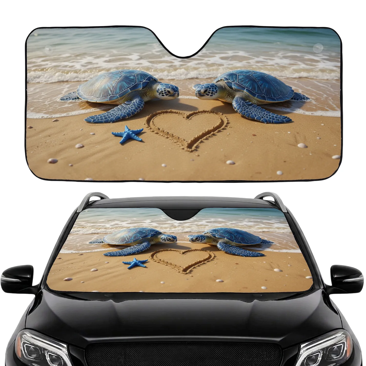Golden Sand Blue Sea Turtles Starfish Heart Seashells - Ocean Wildlife Lover Gift Car Sunshade - 1